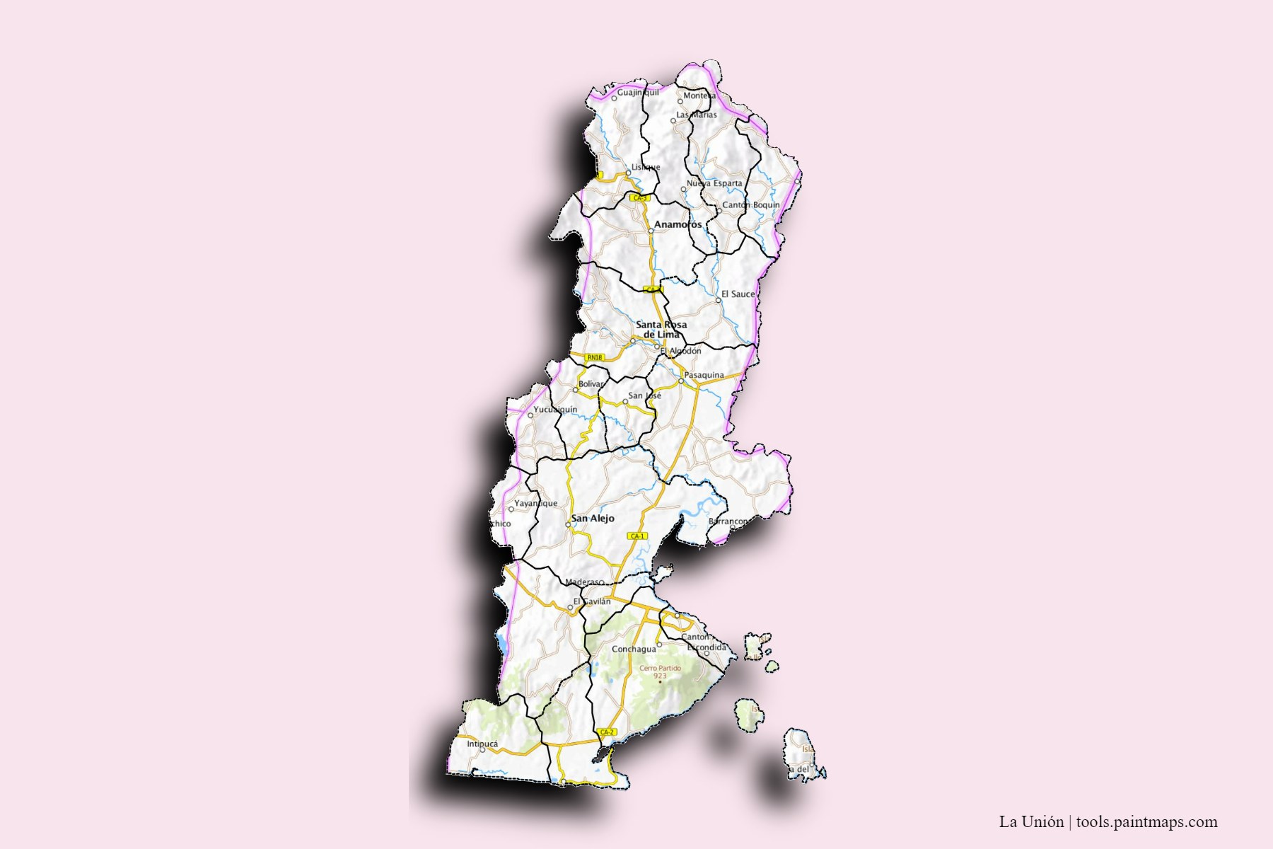 Mapa de La Unión y sus distritos con efecto de sombra 3D