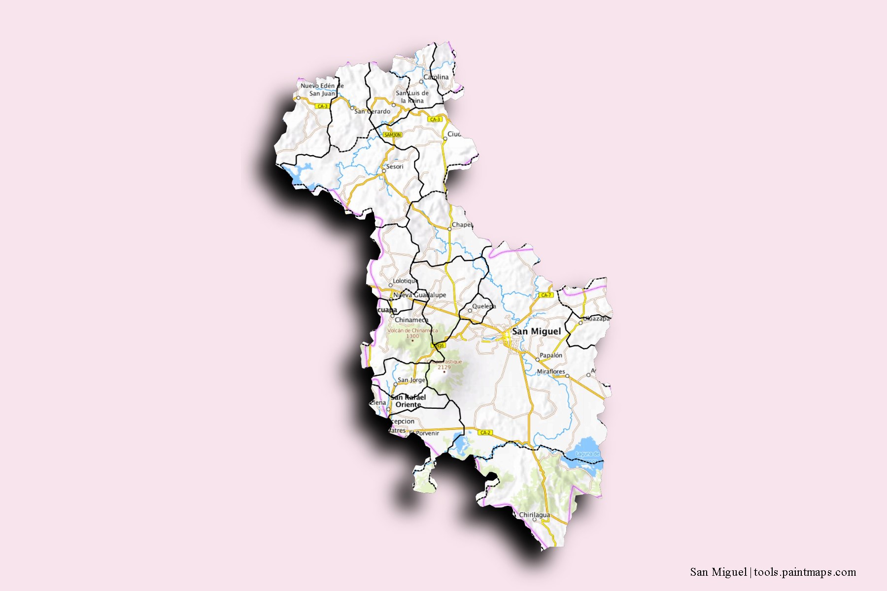 San Miguel and counties map with 3D shadow effect