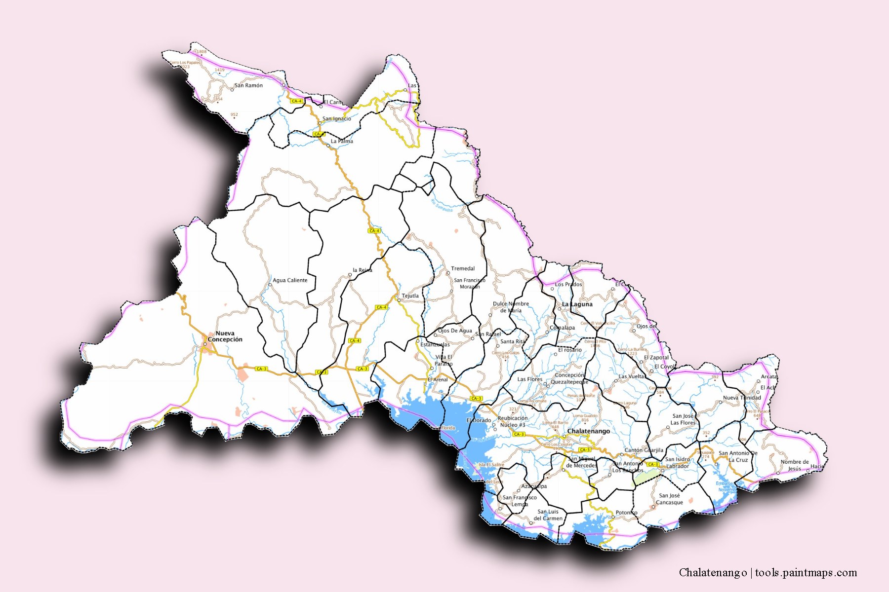 Chalatenango and counties map with 3D shadow effect