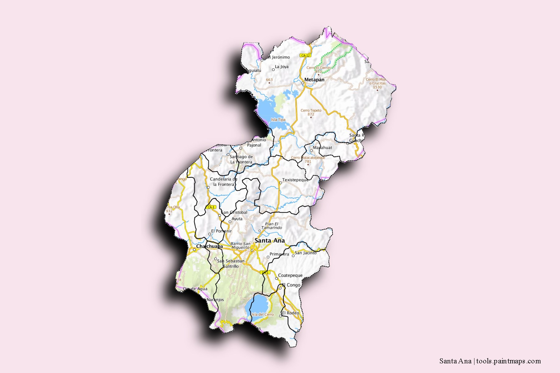 Santa Ana and counties map with 3D shadow effect