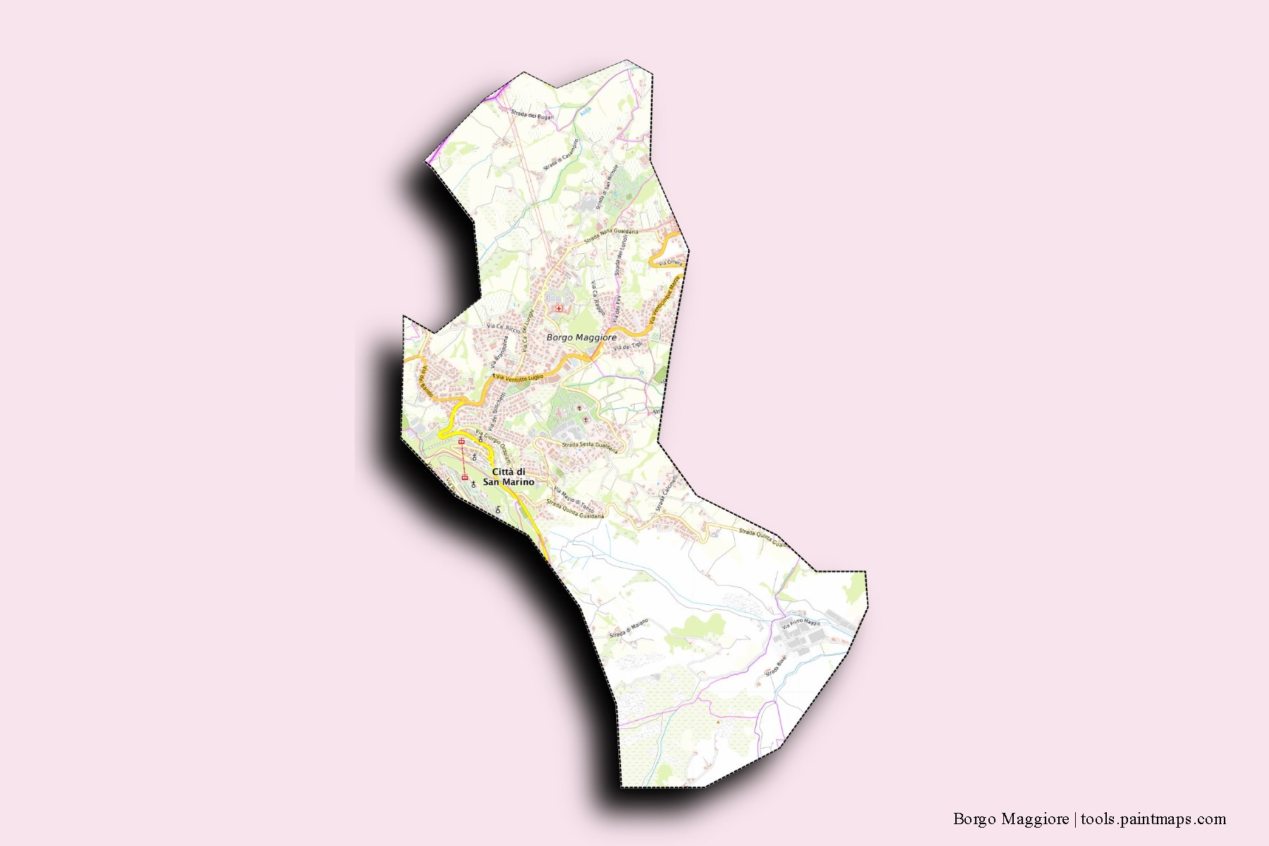 Borgo Maggiore and counties map with 3D shadow effect