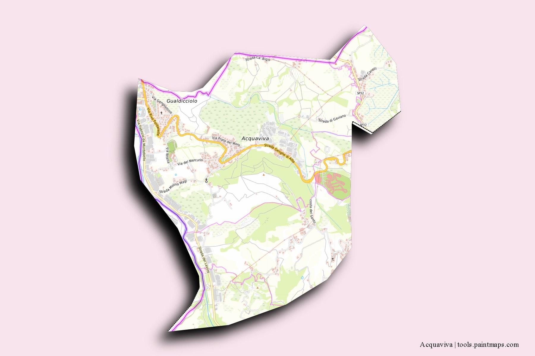 Mapa de Acquaviva y sus distritos con efecto de sombra 3D