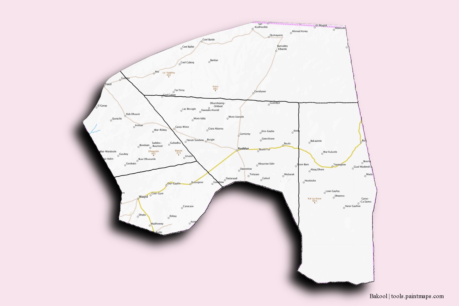 Mapa de Bakool y sus distritos con efecto de sombra 3D