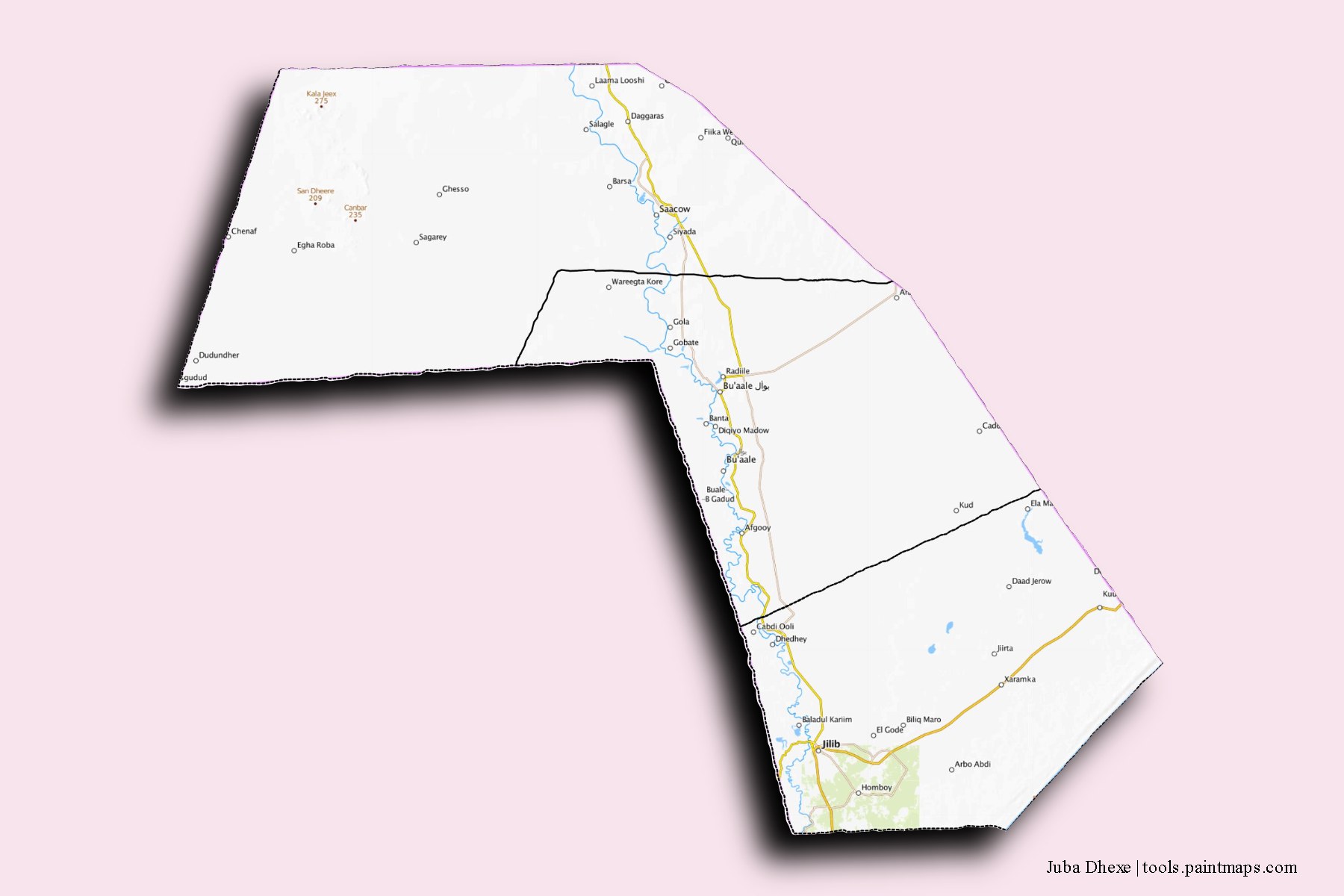 Mapa de Juba Dhexe y sus distritos con efecto de sombra 3D