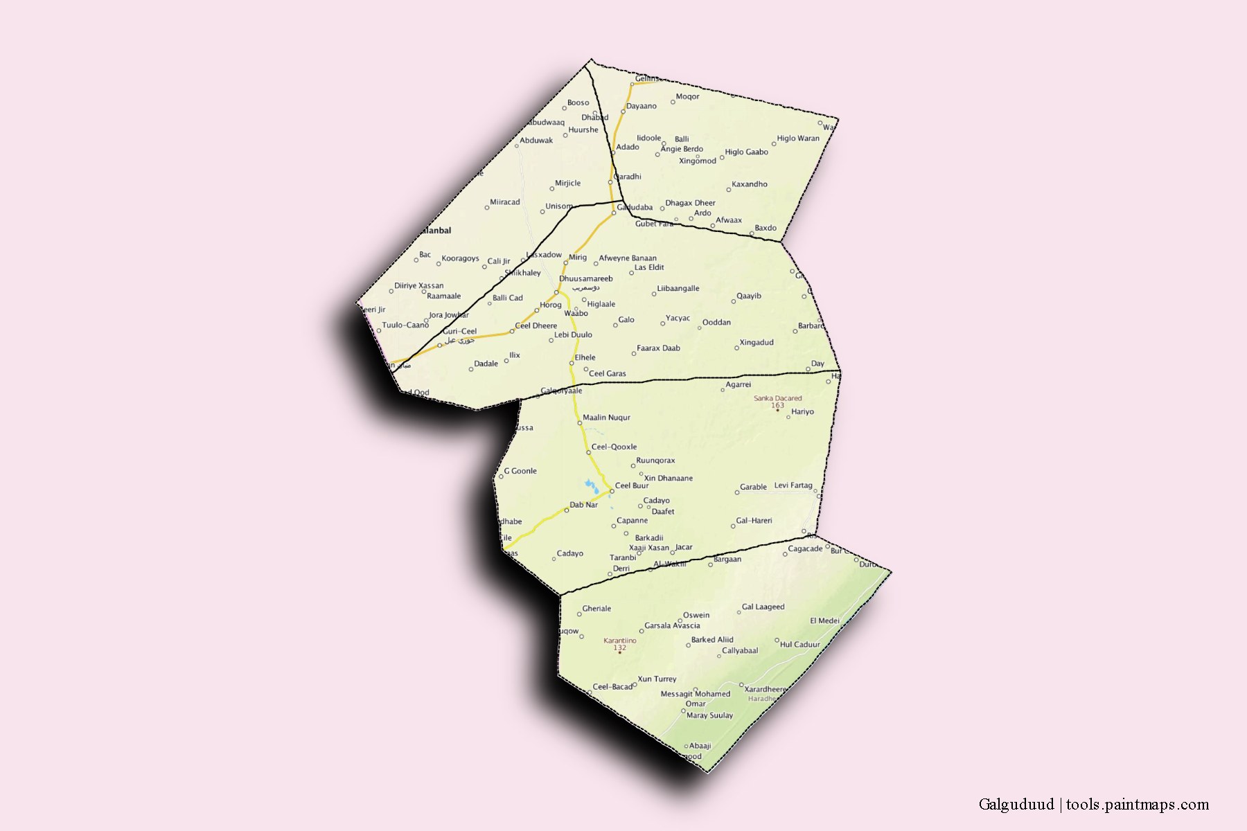 Galguduud and counties map with 3D shadow effect