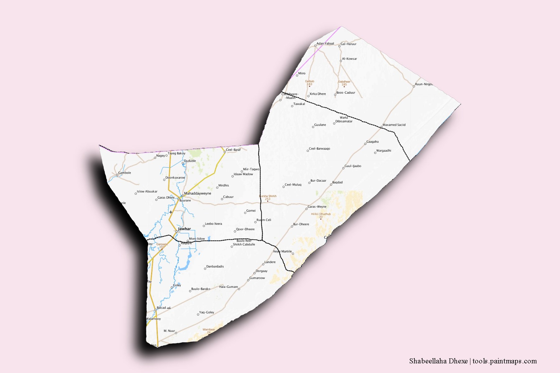 Mapa de Shabeellaha Dhexe y sus distritos con efecto de sombra 3D