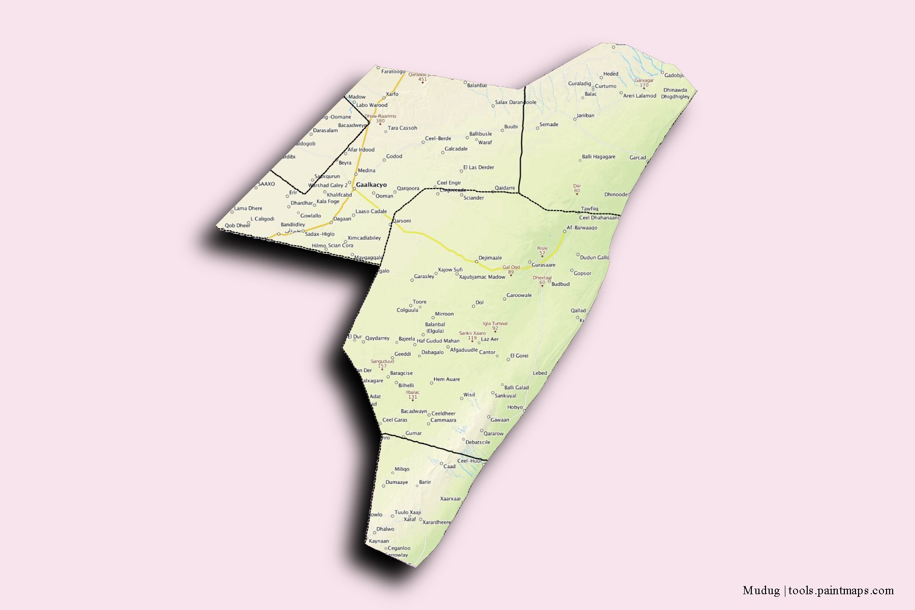 Mapa de Mudug y sus distritos con efecto de sombra 3D