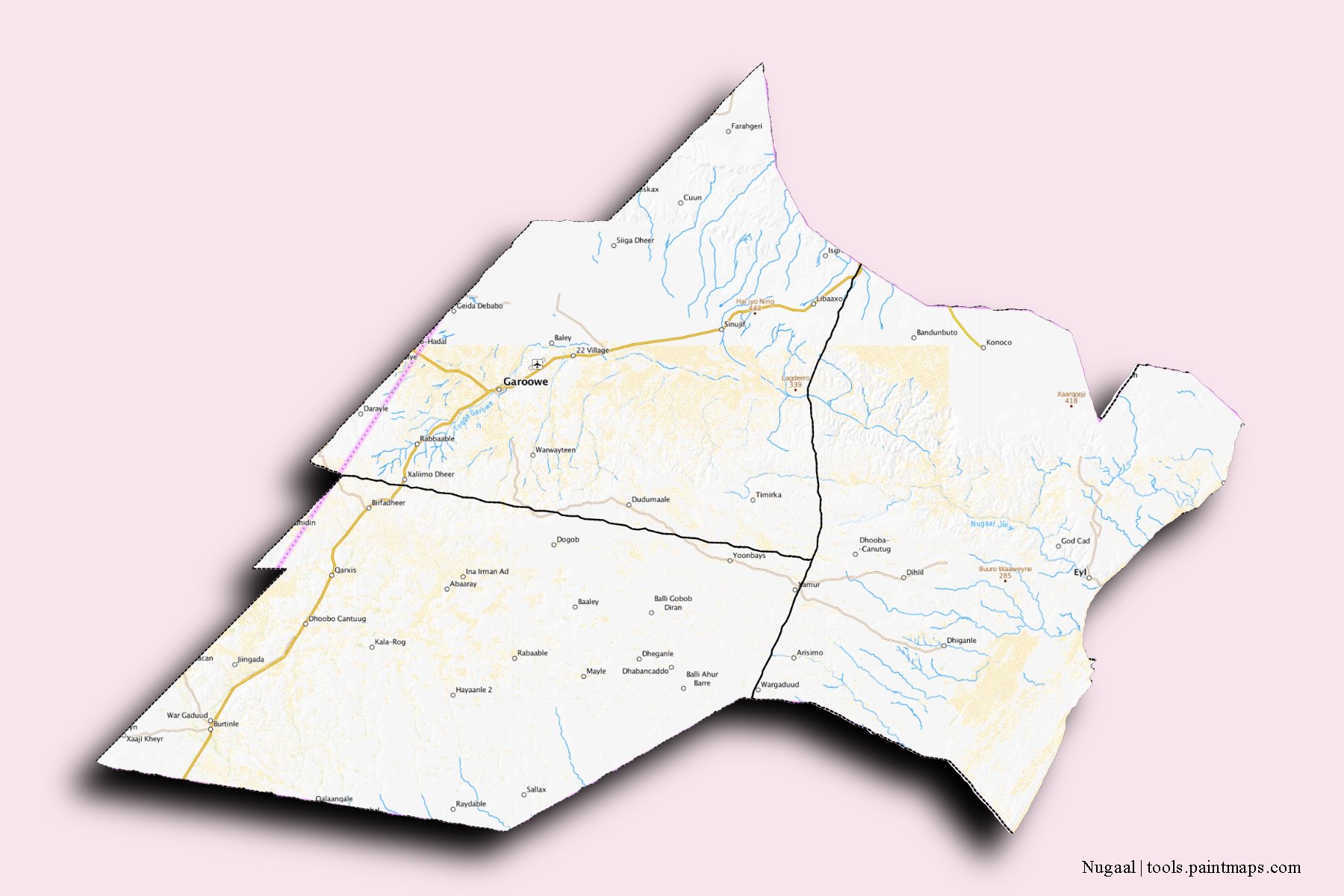 Mapa de Nugaal y sus distritos con efecto de sombra 3D