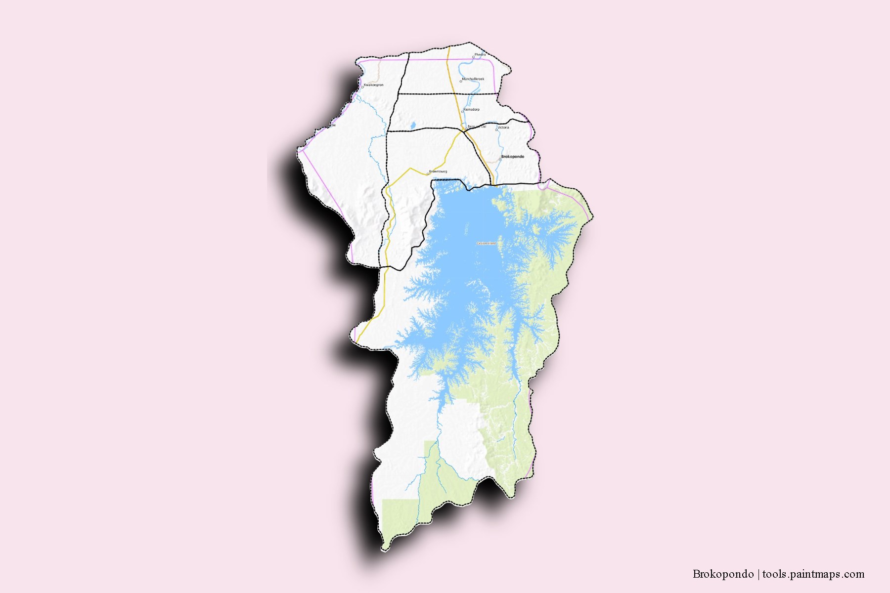 Mapa de Brokopondo y sus distritos con efecto de sombra 3D