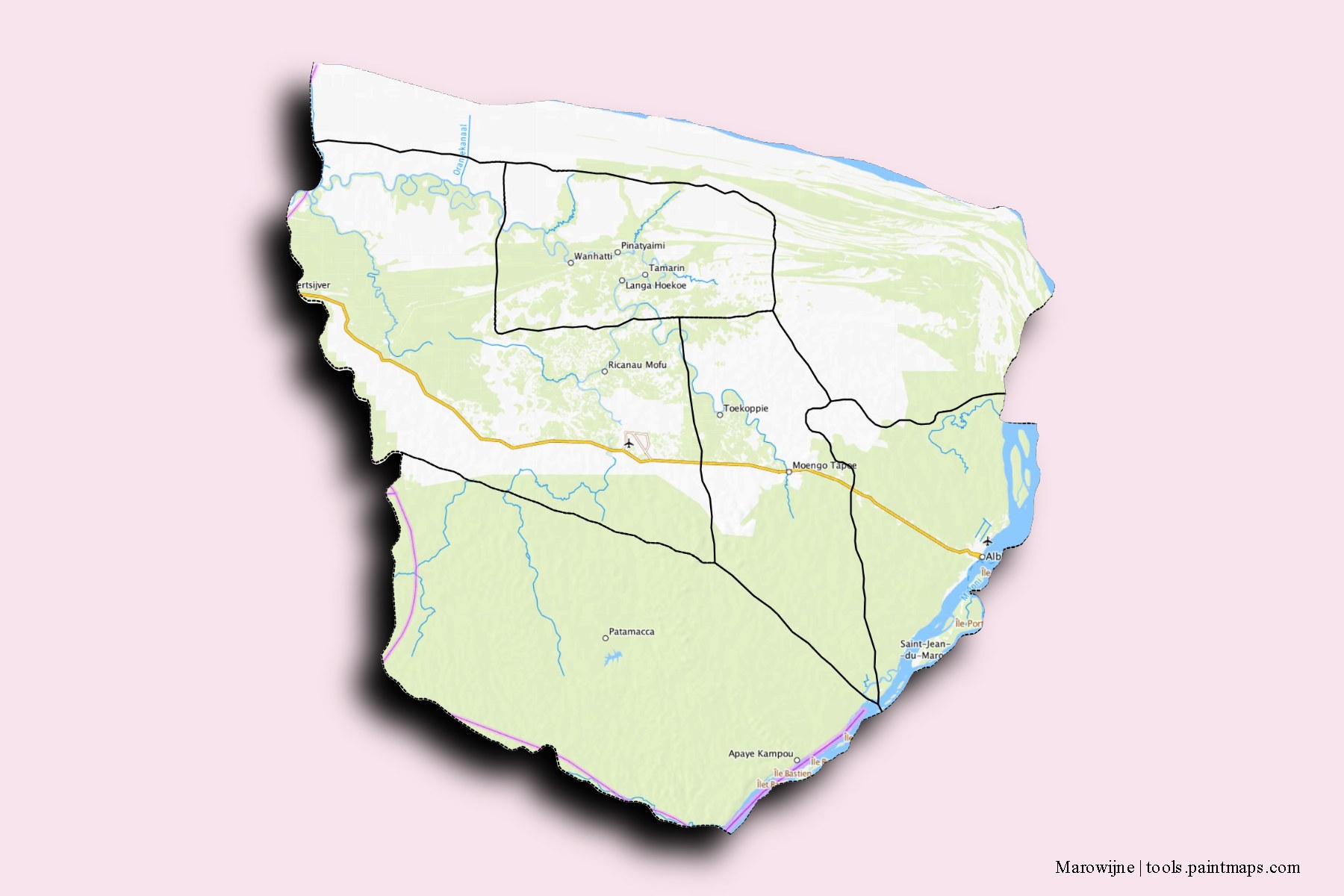 3D gölge efektli Marowjine District ve ilçeleri haritası