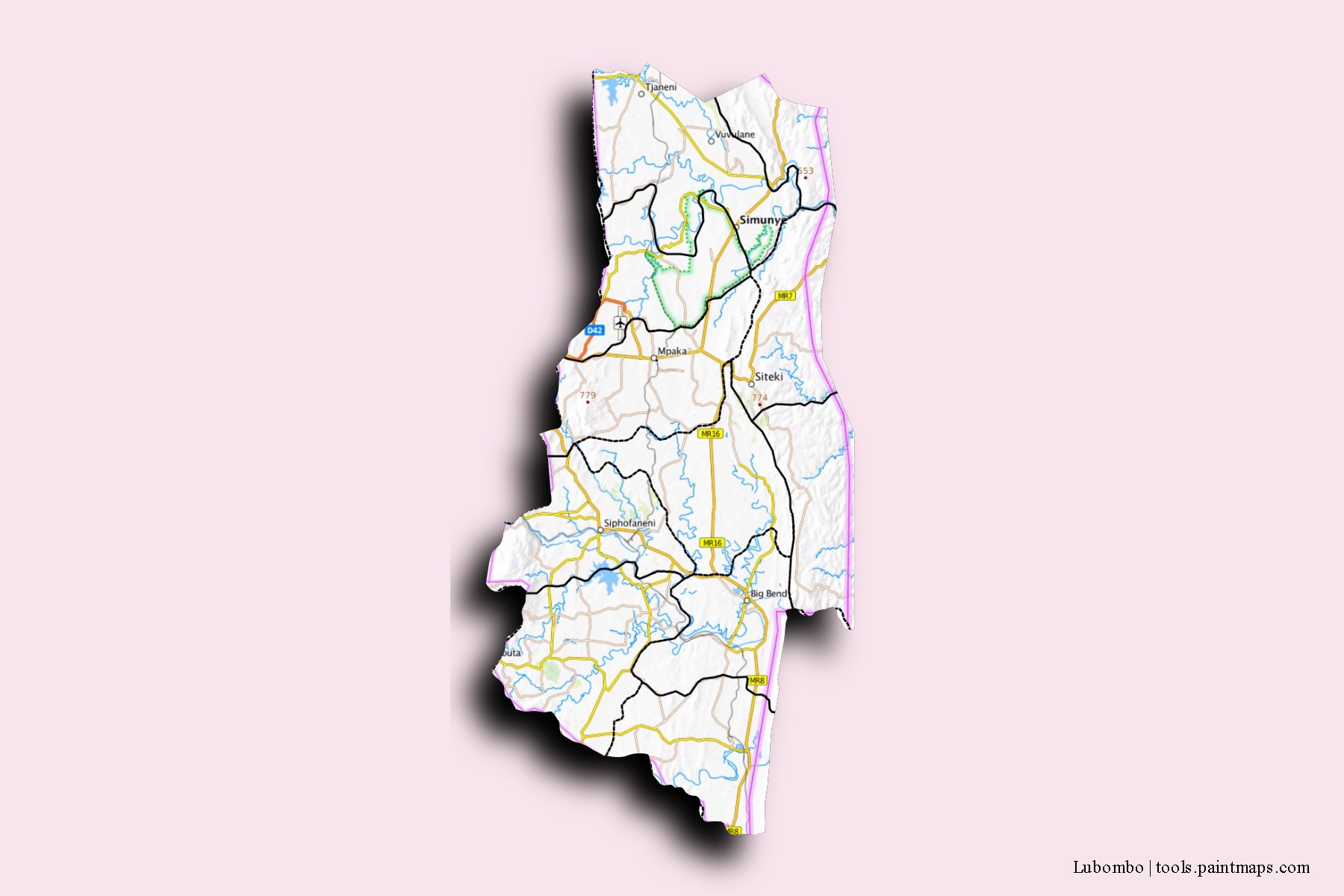 Lubombo and counties map with 3D shadow effect