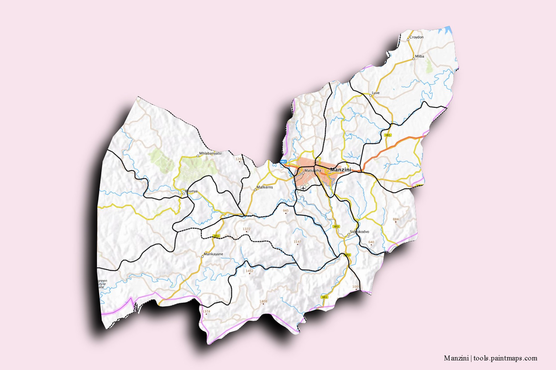 Mapa de Manzini y sus distritos con efecto de sombra 3D