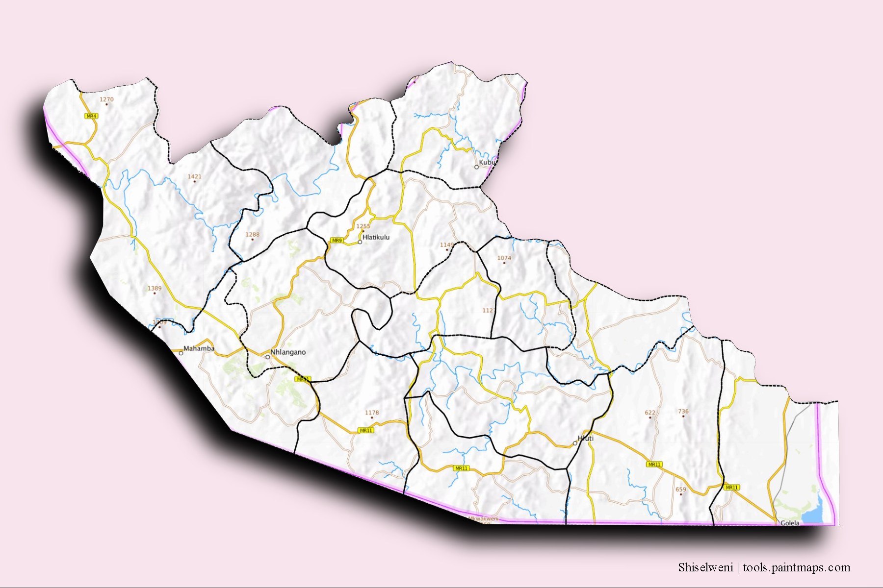 Shiselweni and counties map with 3D shadow effect