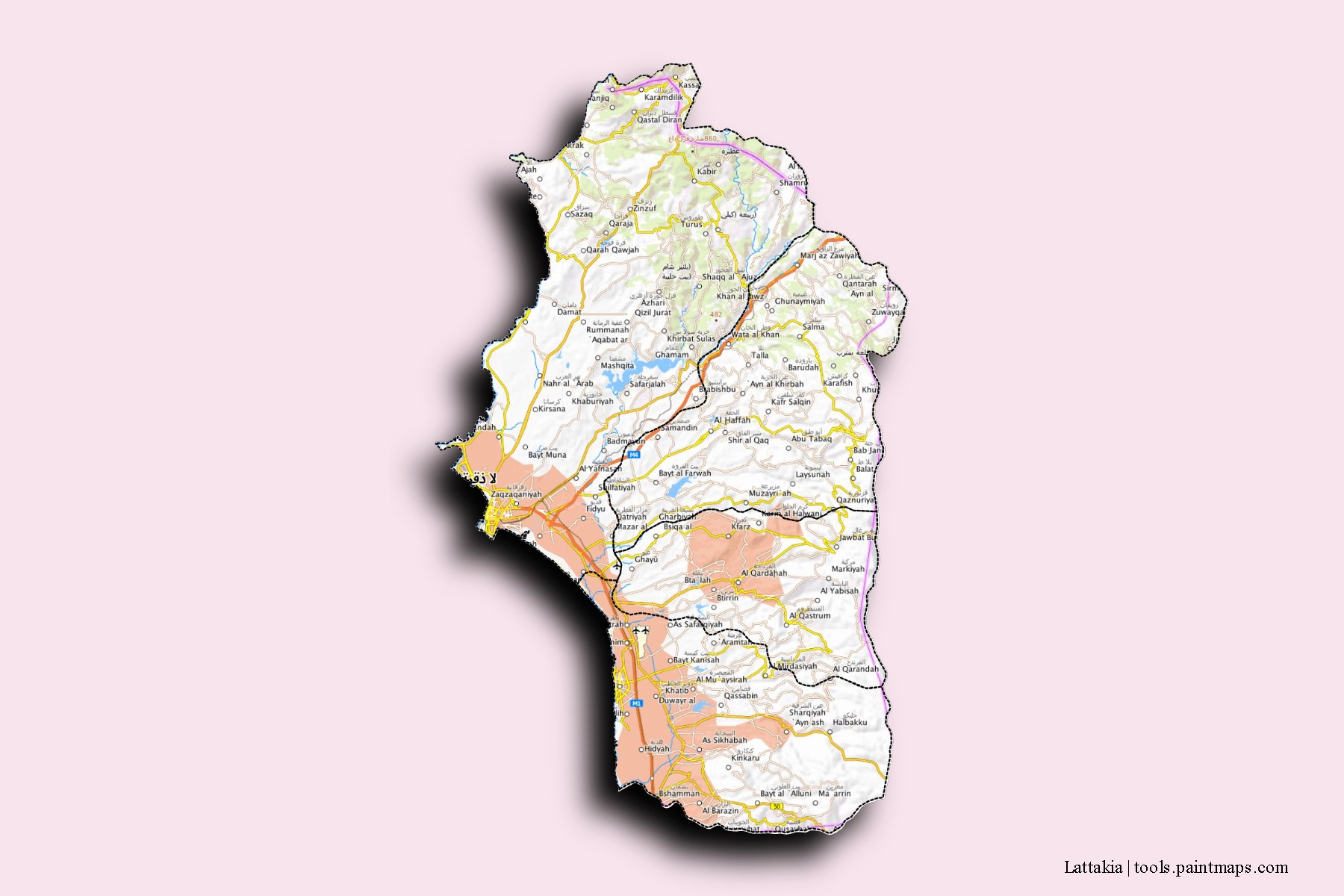 Al Ladhiqiyah and counties map with 3D shadow effect