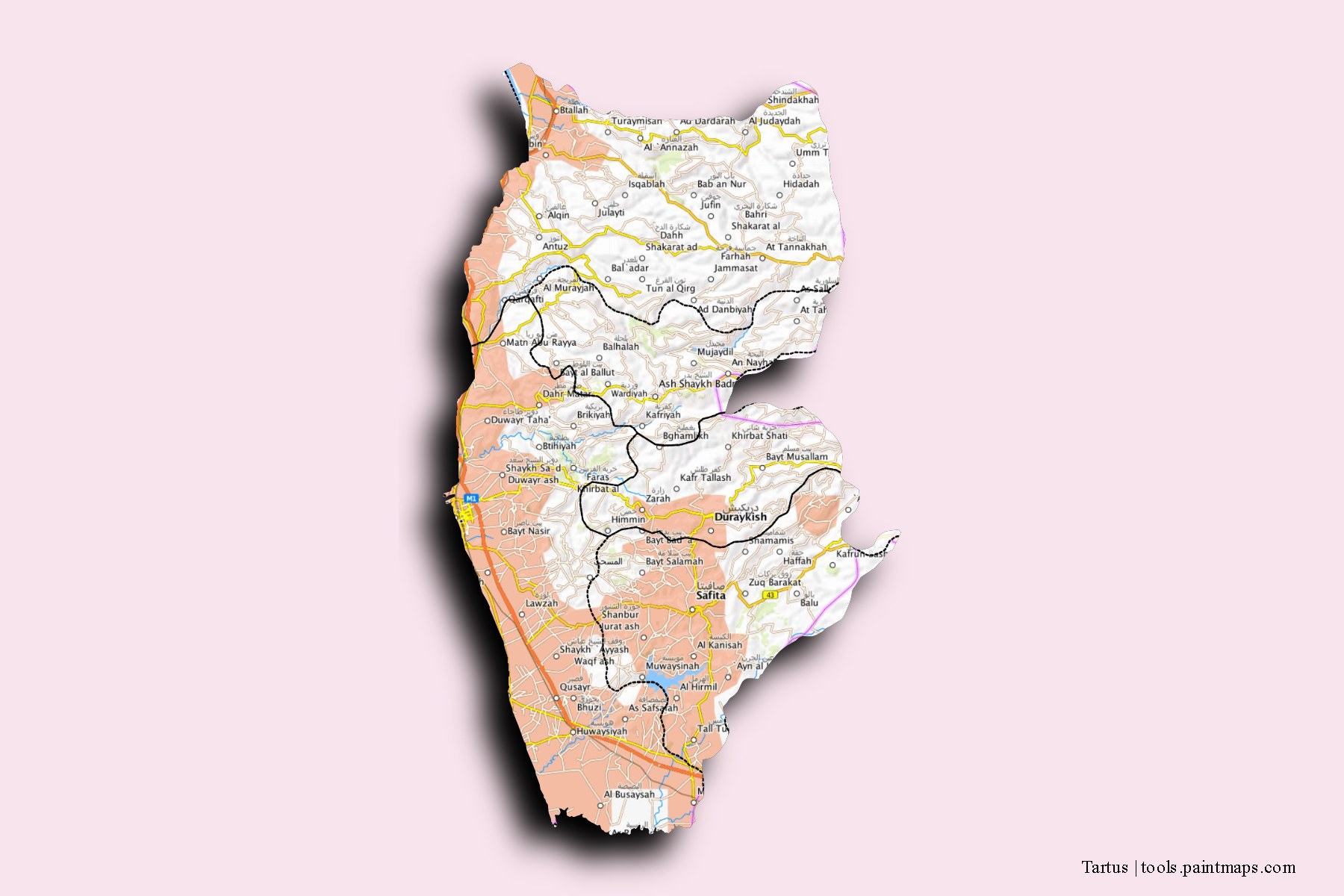 Tartus and counties map with 3D shadow effect