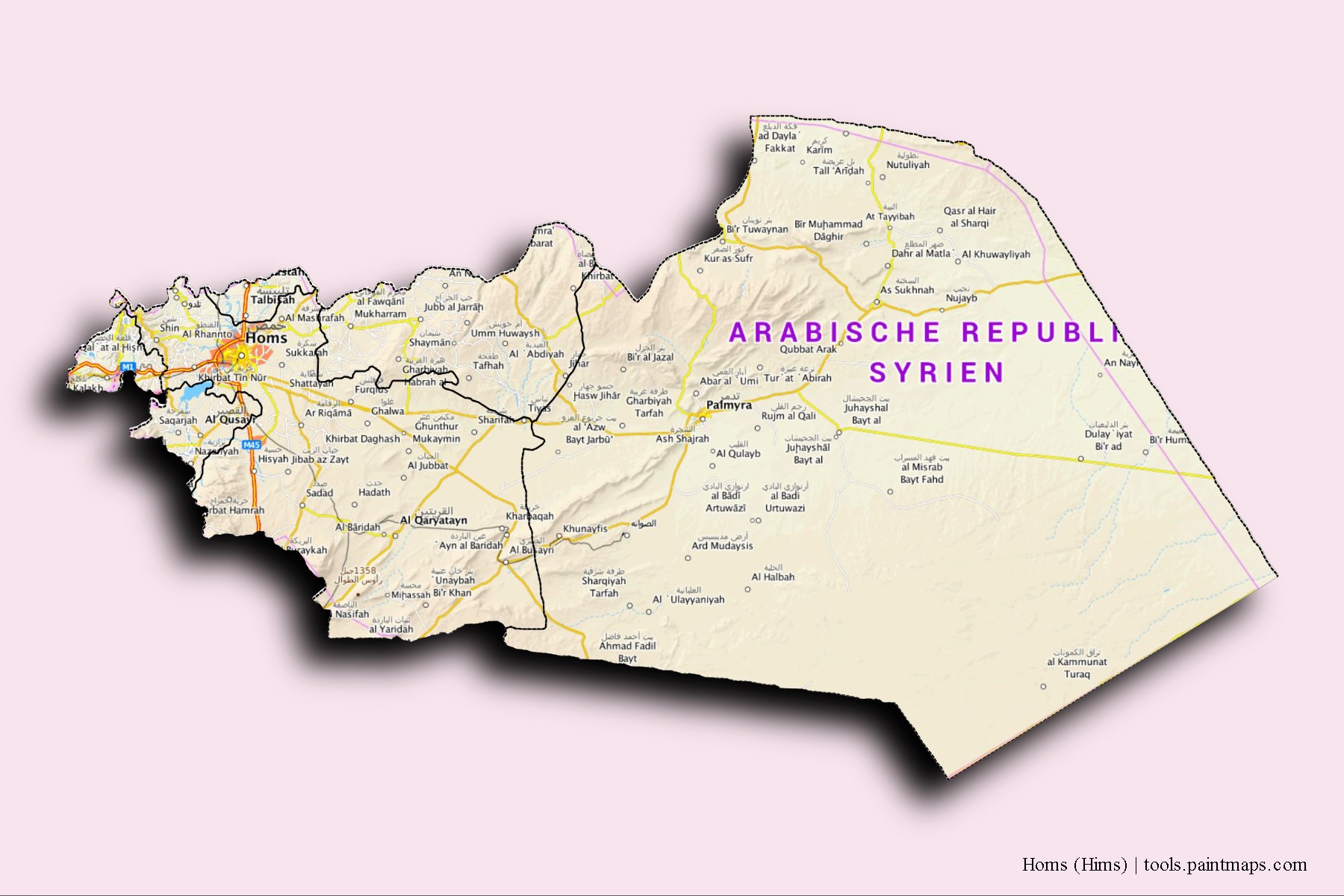 Homs (Hims) and counties map with 3D shadow effect