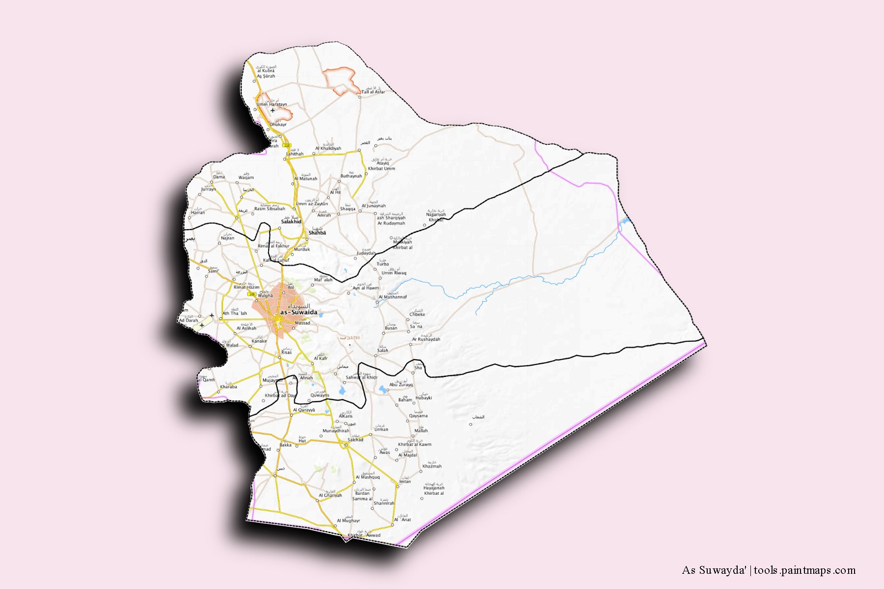 Mapa de As Suwayda' y sus distritos con efecto de sombra 3D