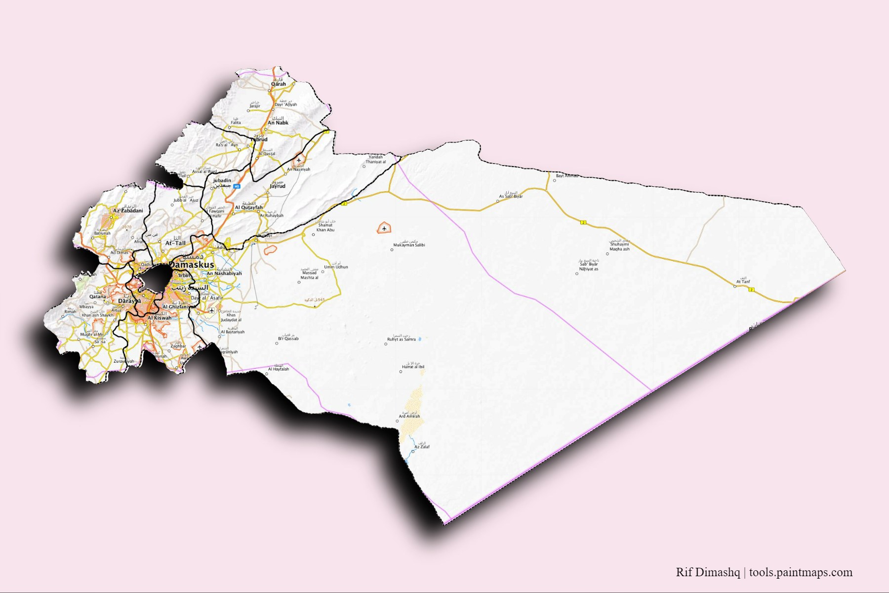 Rif Dimashq and counties map with 3D shadow effect