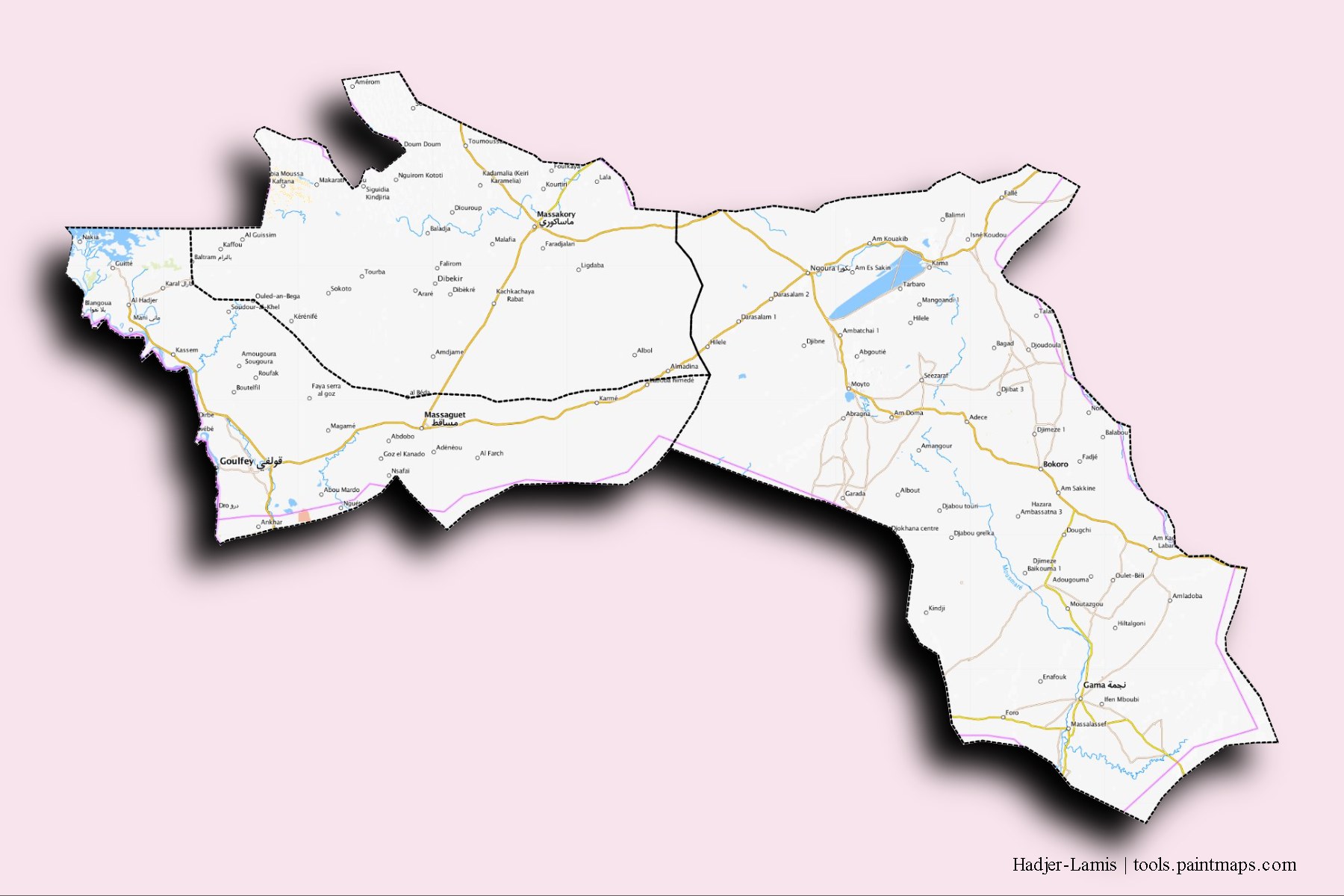 Mapa de Hadjer-Lamis y sus distritos con efecto de sombra 3D