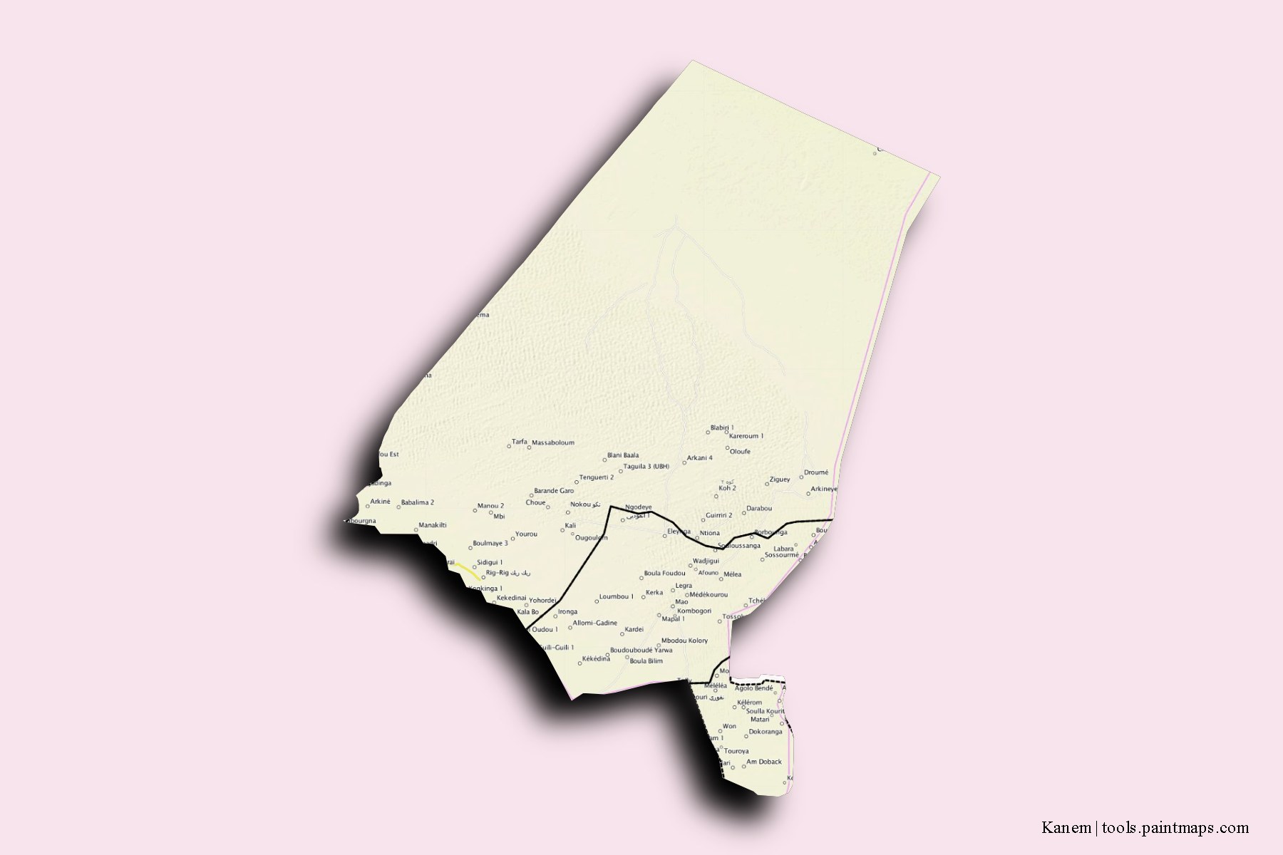 Kanem Region and counties map with 3D shadow effect