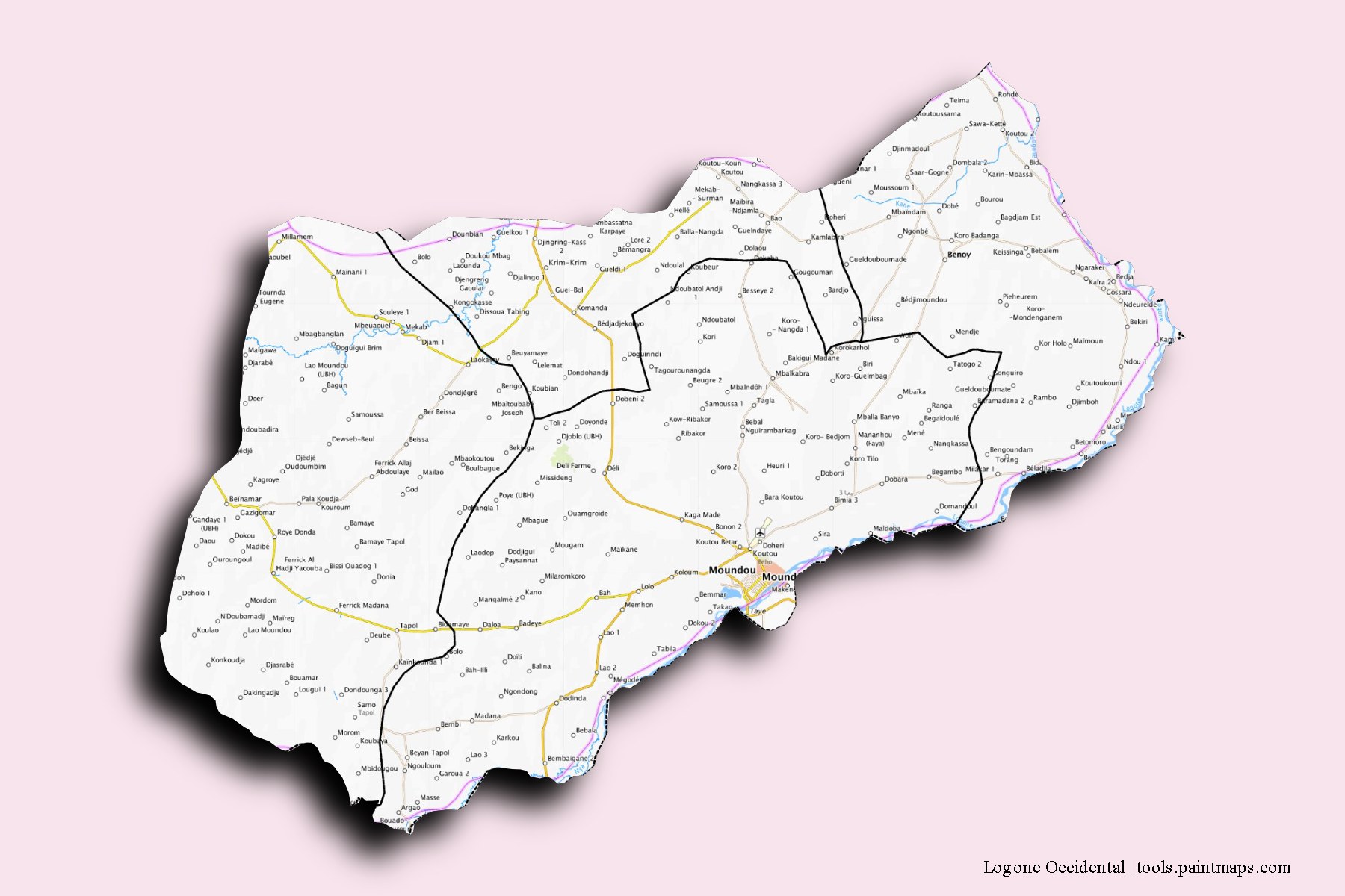 Mapa de Logone Occidental y sus distritos con efecto de sombra 3D