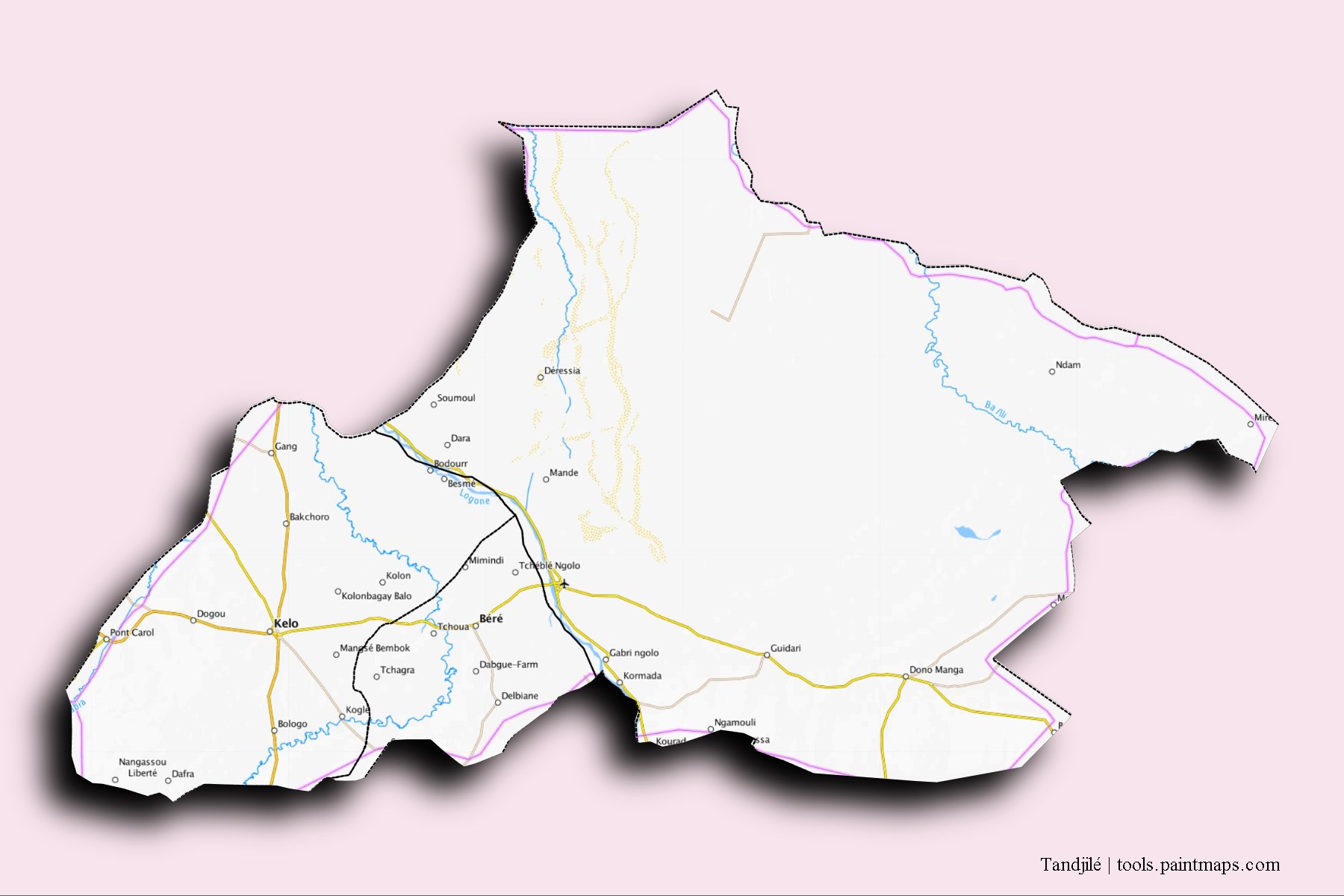 Mapa de Tandjilé y sus distritos con efecto de sombra 3D