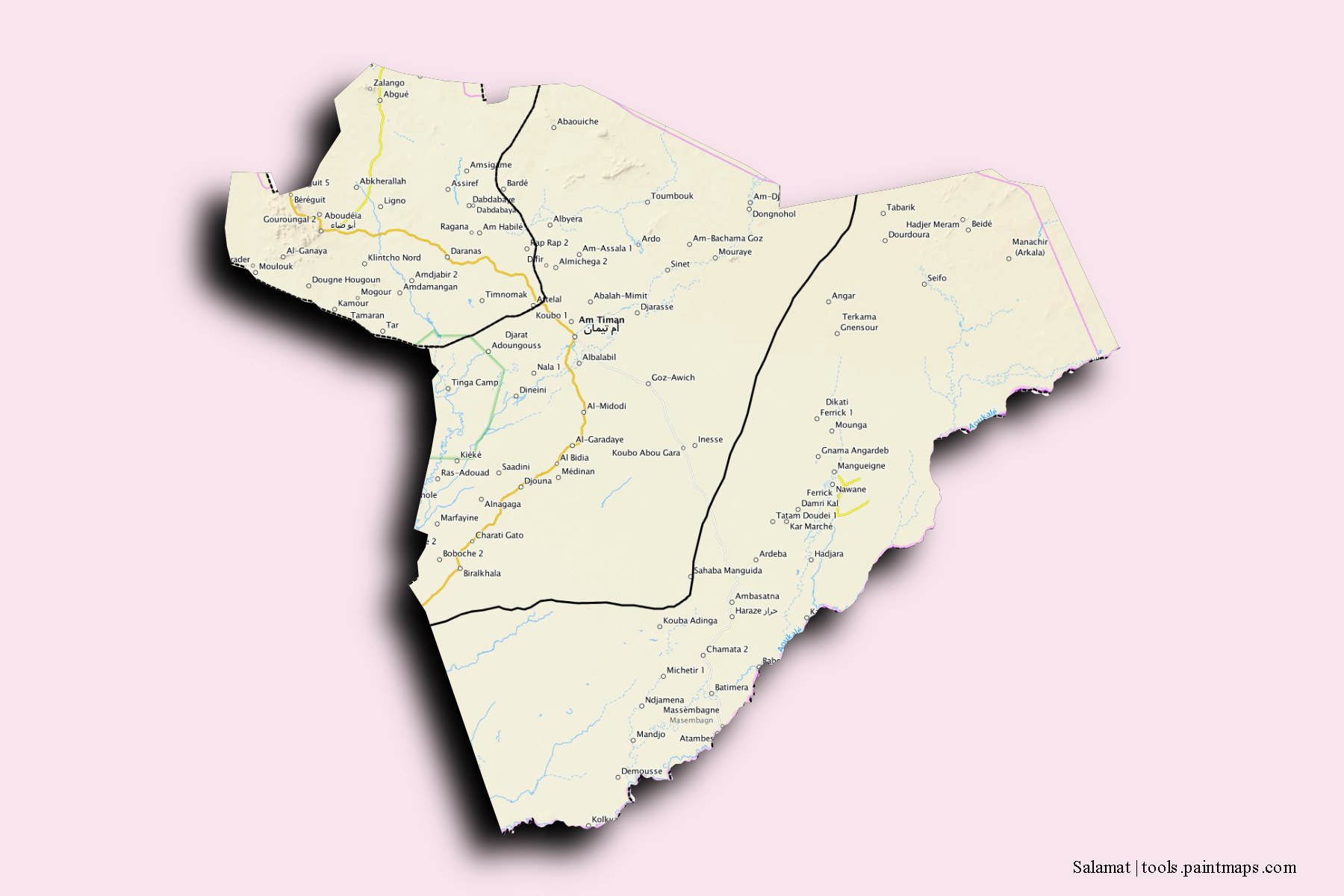 Salamat Region and counties map with 3D shadow effect