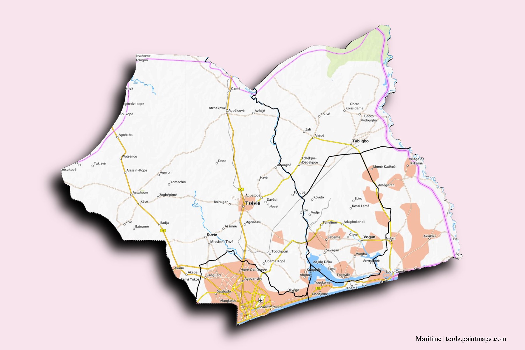 Maritime Region and counties map with 3D shadow effect