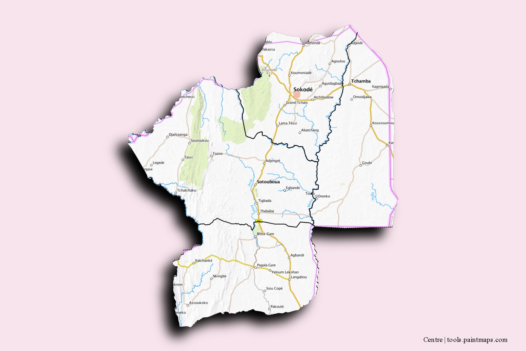 Centrale Region and counties map with 3D shadow effect