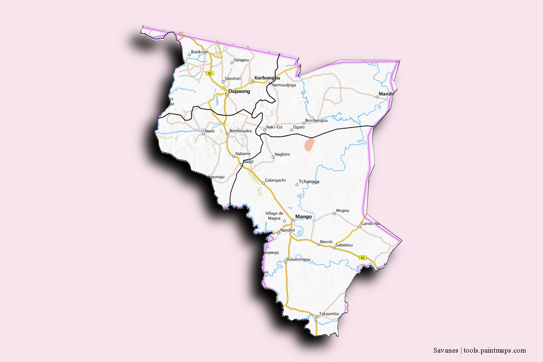 Mapa de Savanes y sus distritos con efecto de sombra 3D