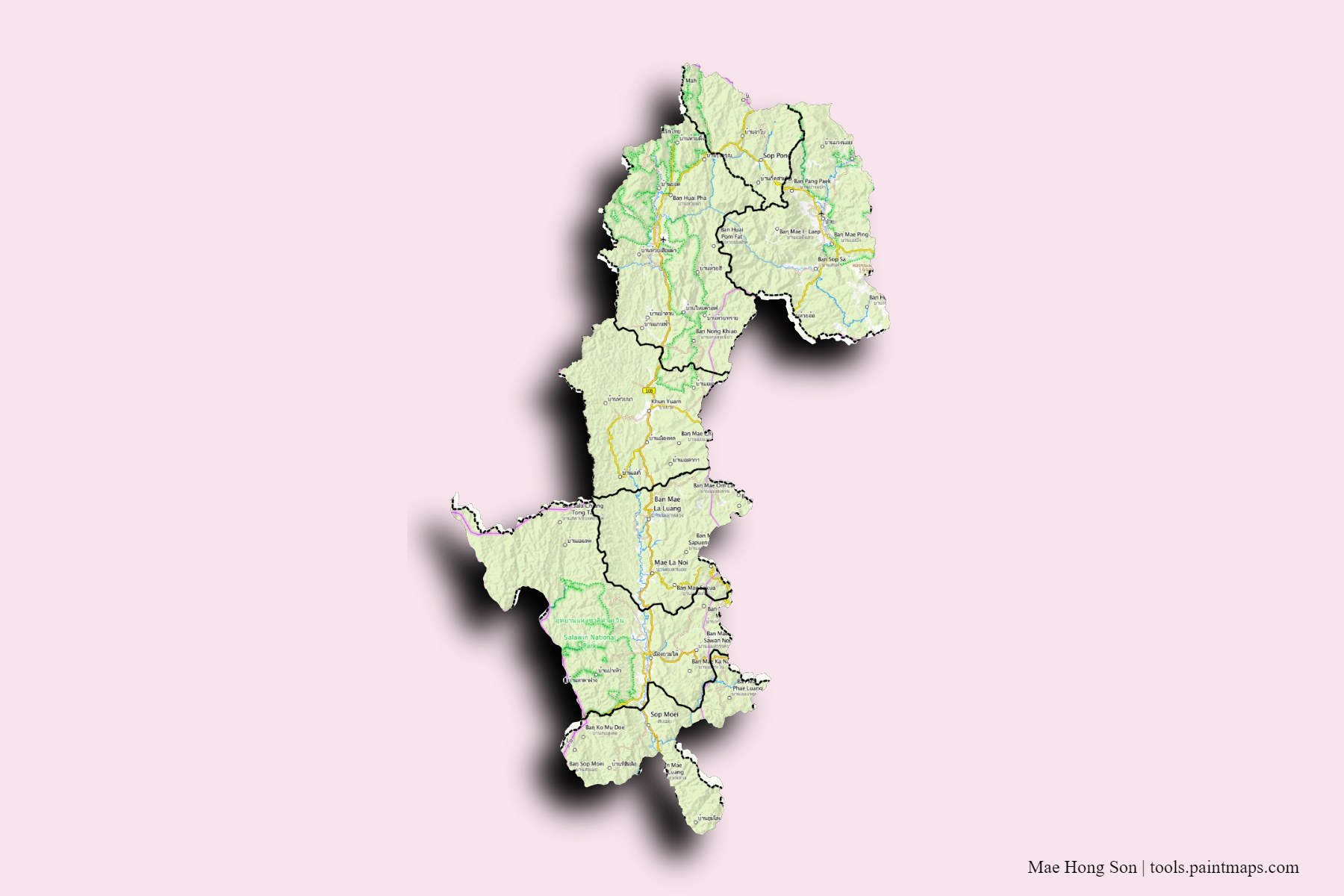 Mae Hong Son and counties map with 3D shadow effect