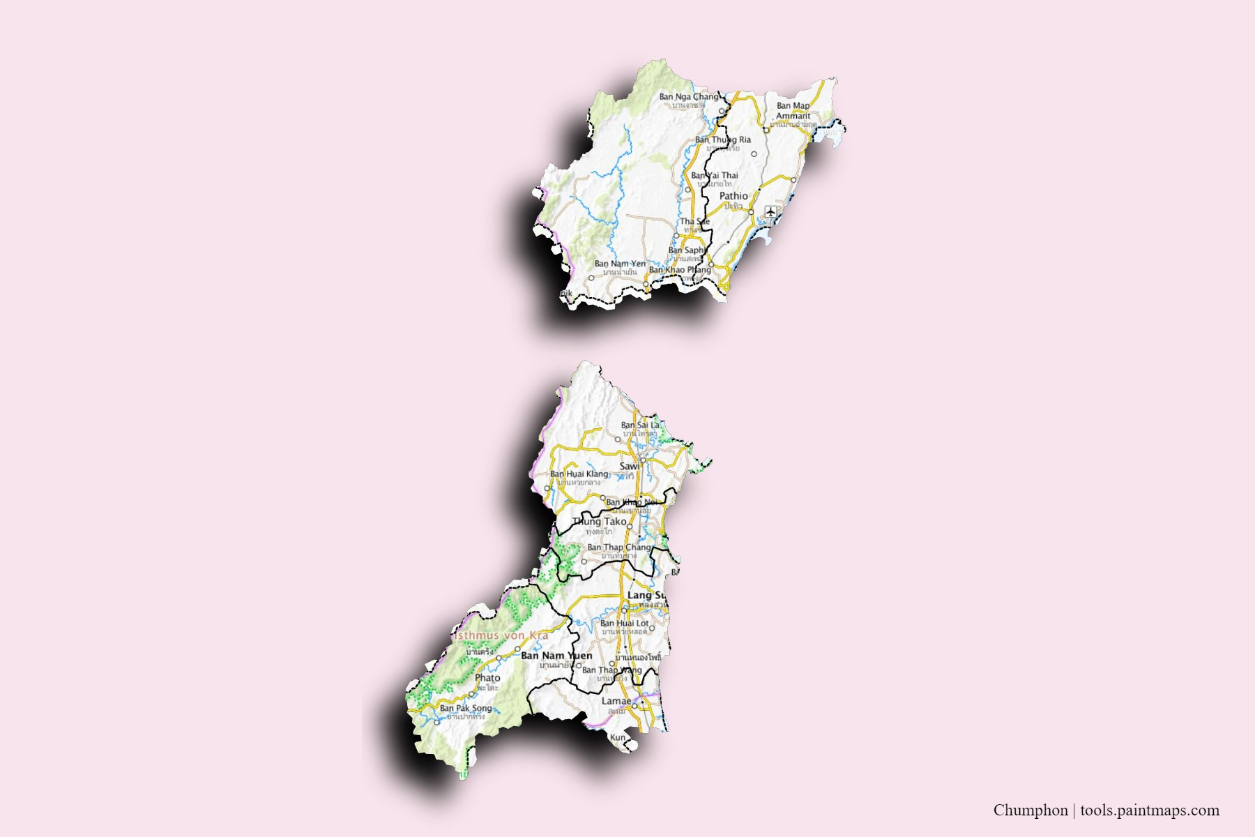 Chumphon and counties map with 3D shadow effect