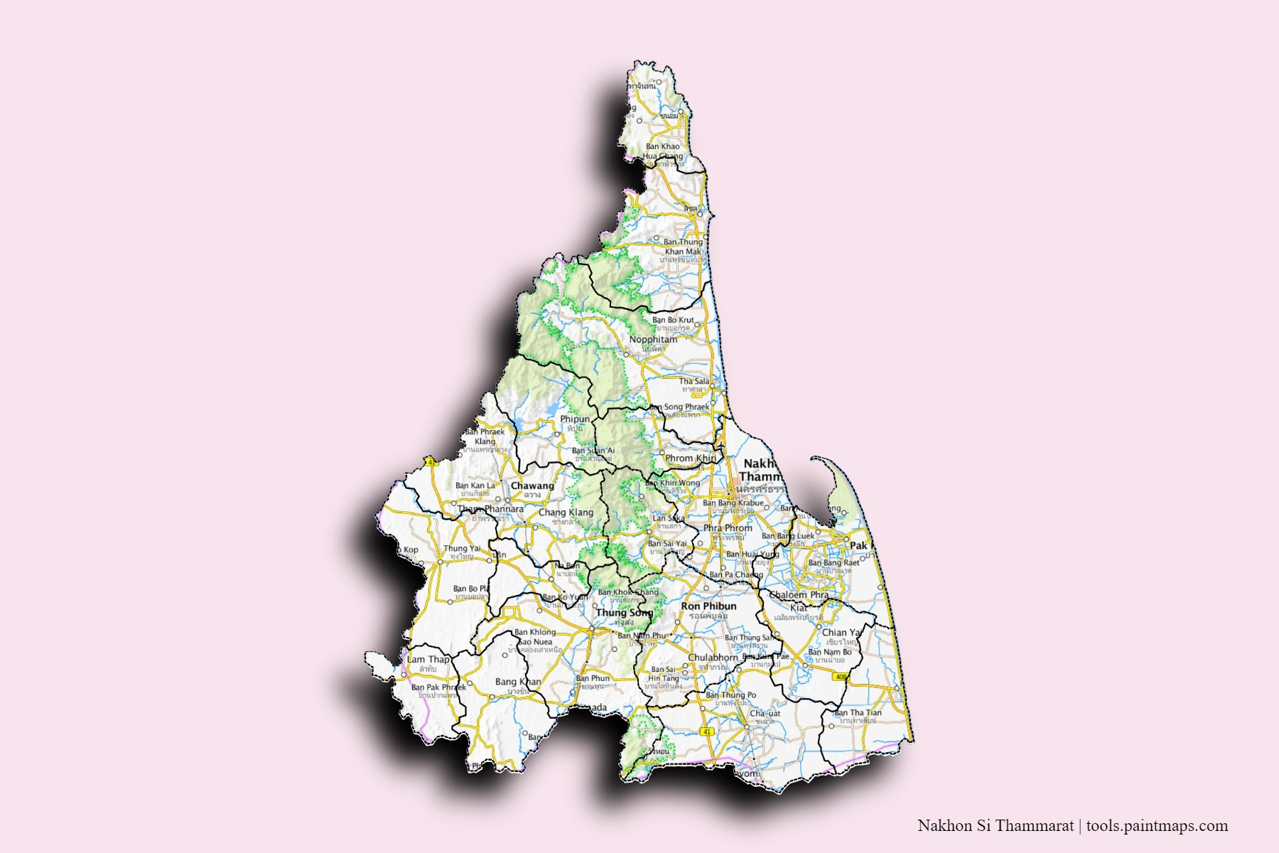 Nakhon Si Thammarat and counties map with 3D shadow effect