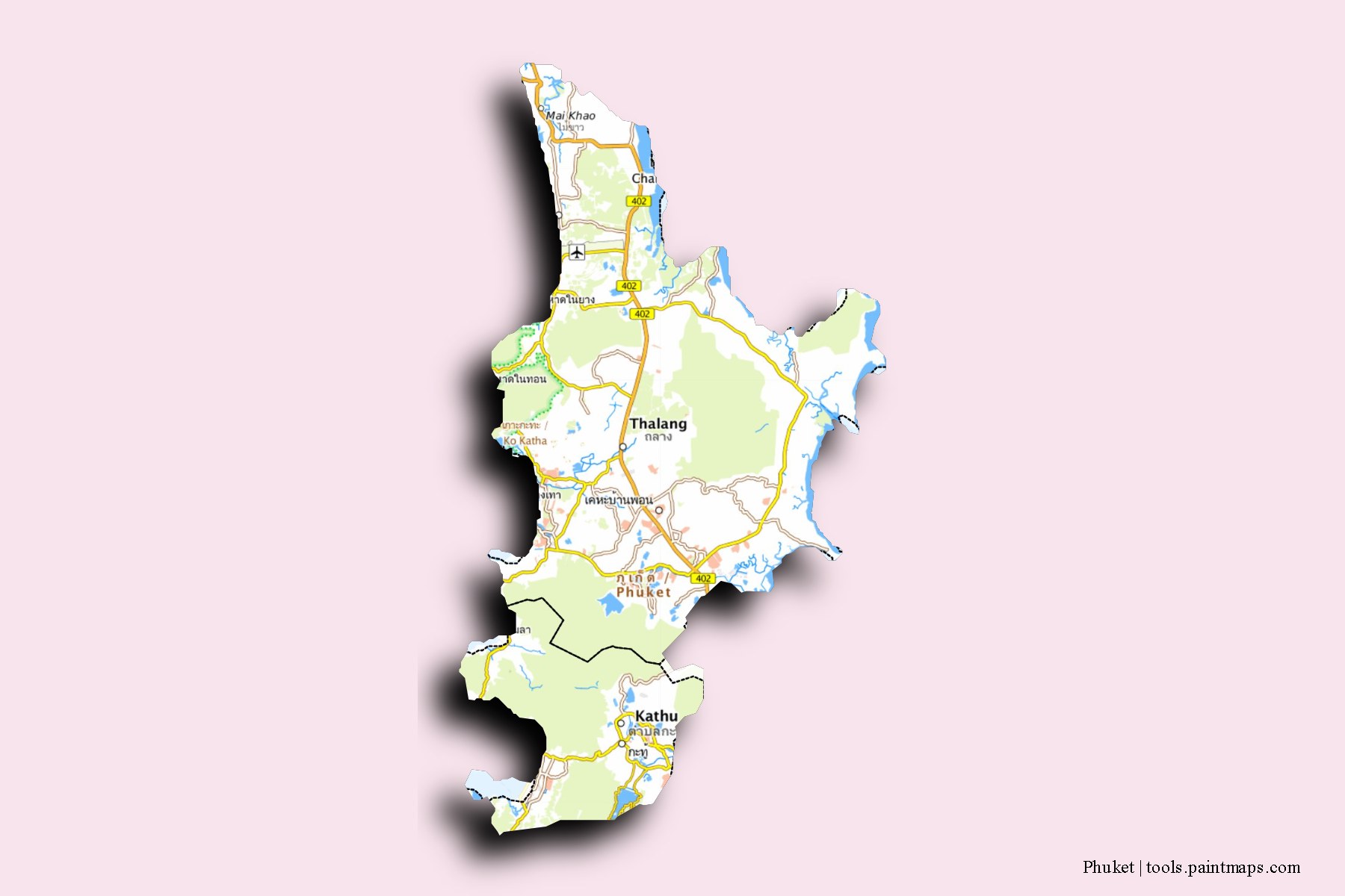 Mapa de Phuket y sus distritos con efecto de sombra 3D