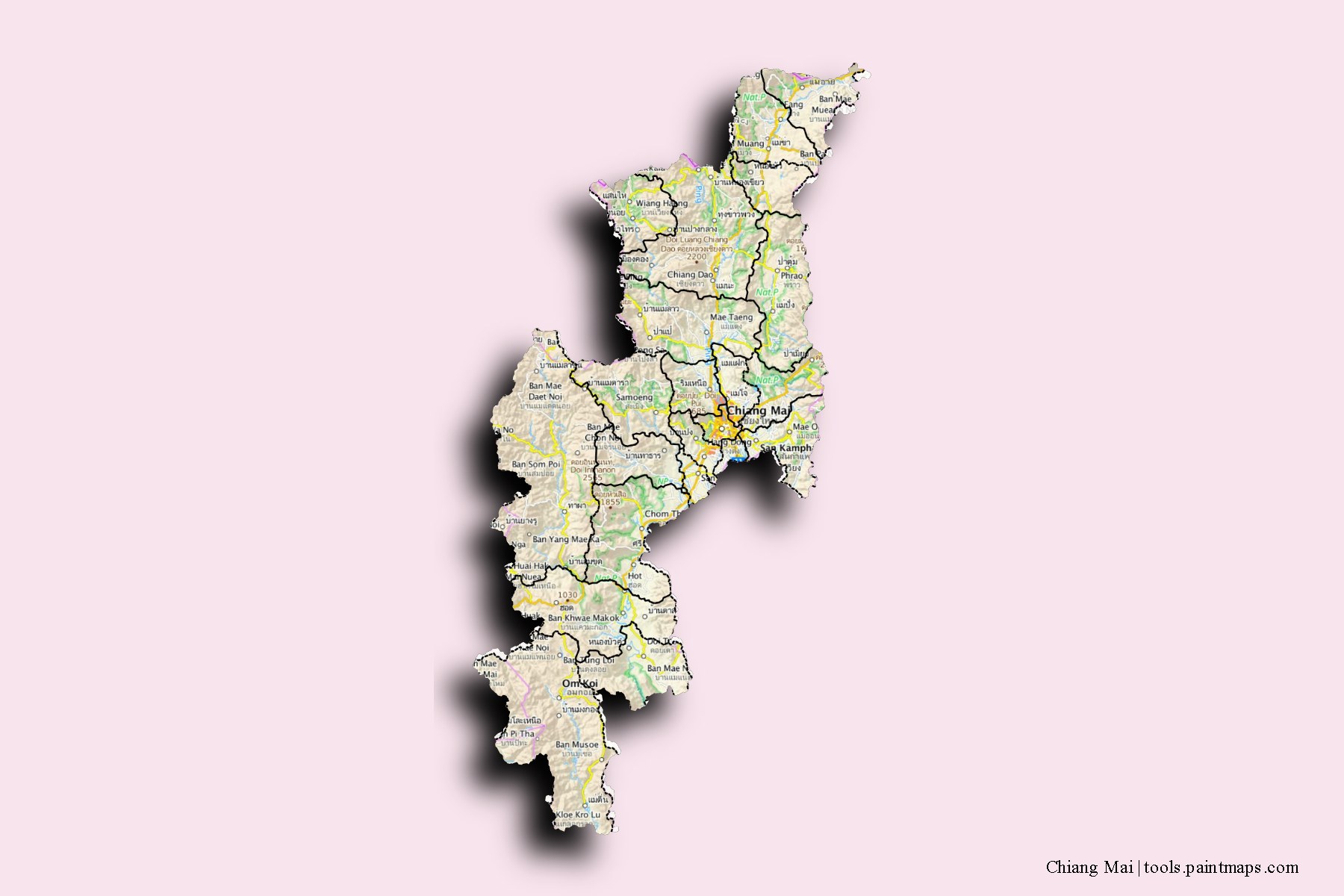 Chiang Mai and counties map with 3D shadow effect