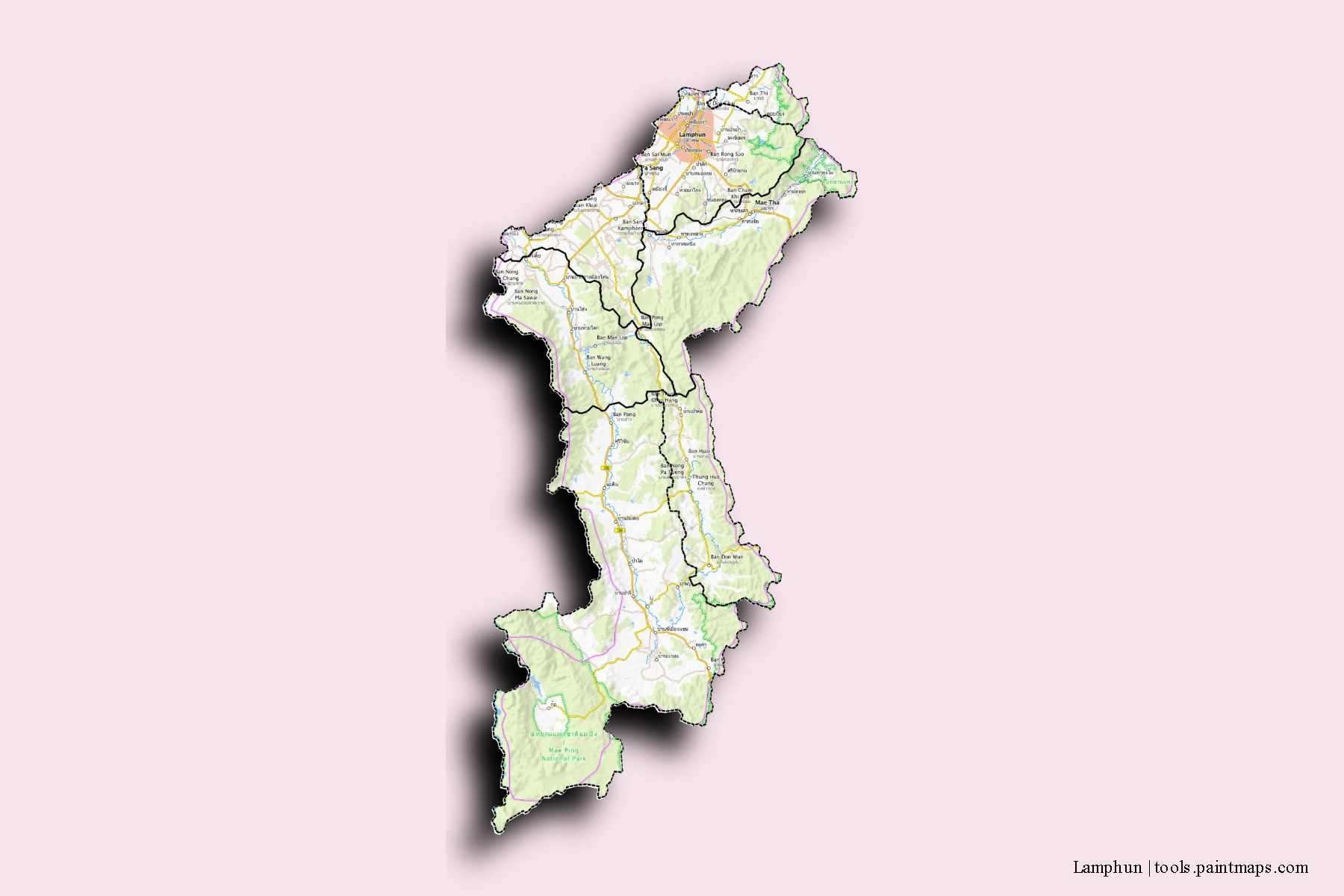 Lamphun and counties map with 3D shadow effect