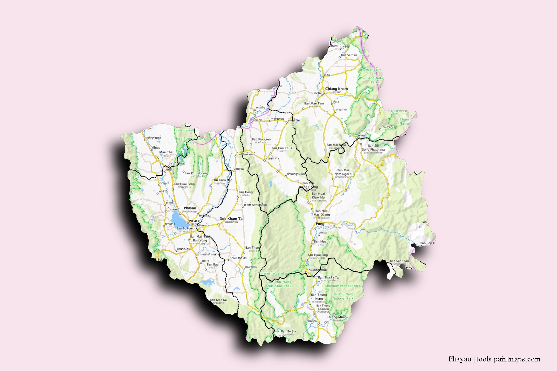 Phayao and counties map with 3D shadow effect