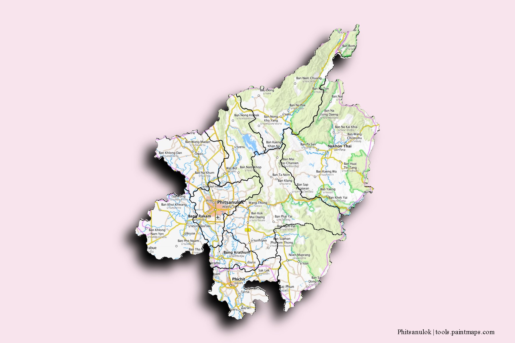 Mapa de Phitsanulok y sus distritos con efecto de sombra 3D