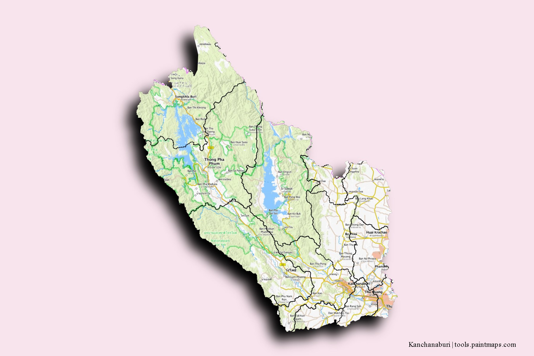 Kanchanaburi and counties map with 3D shadow effect