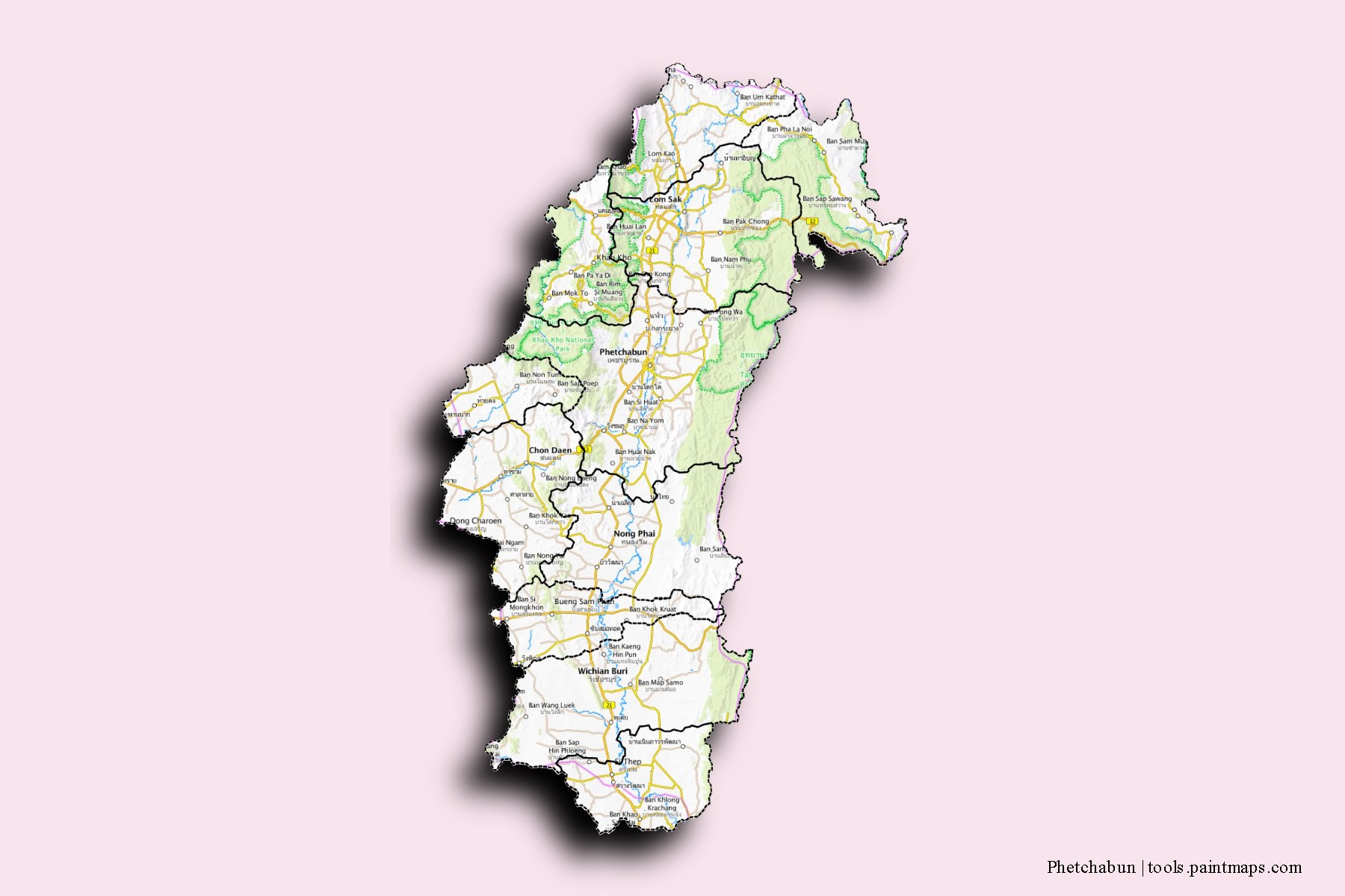 Phetchabun and counties map with 3D shadow effect