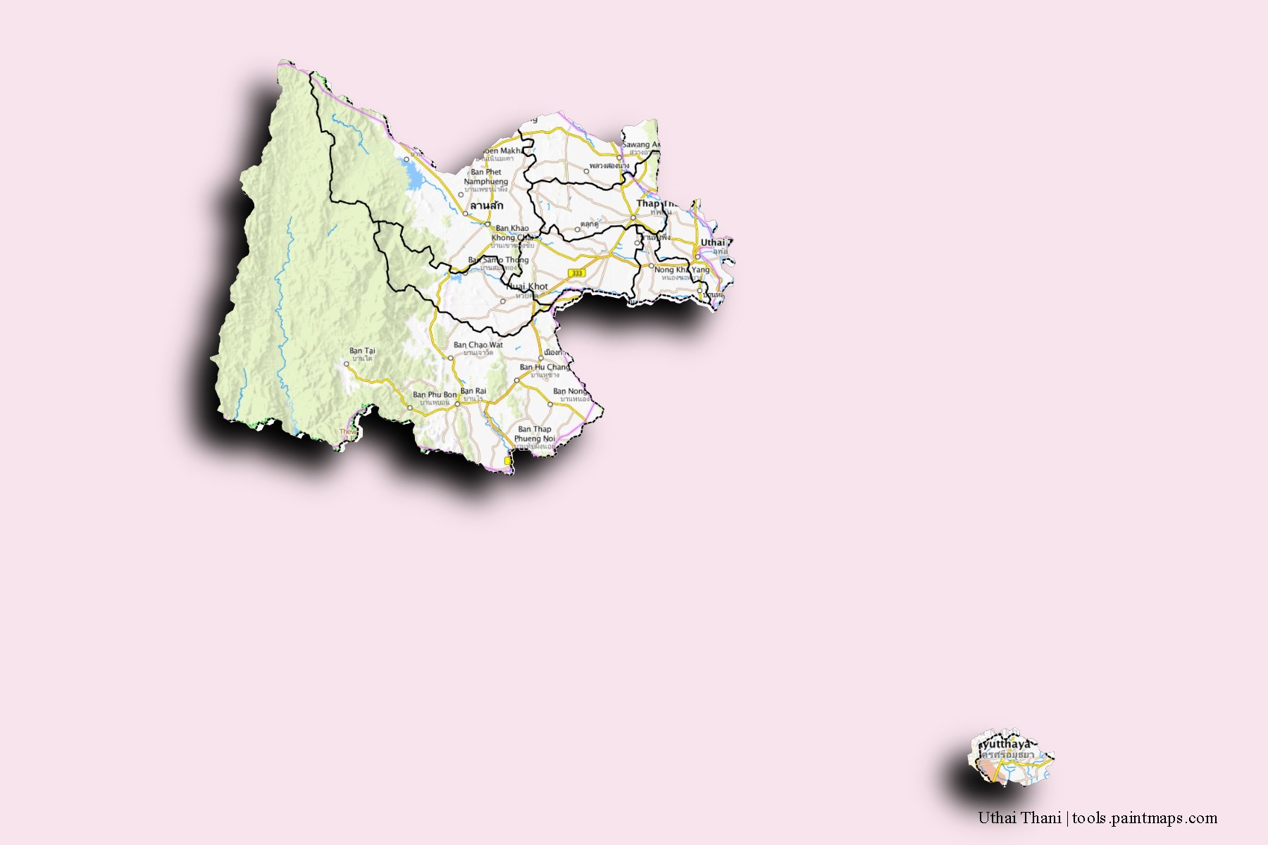 Uthai Thani and counties map with 3D shadow effect