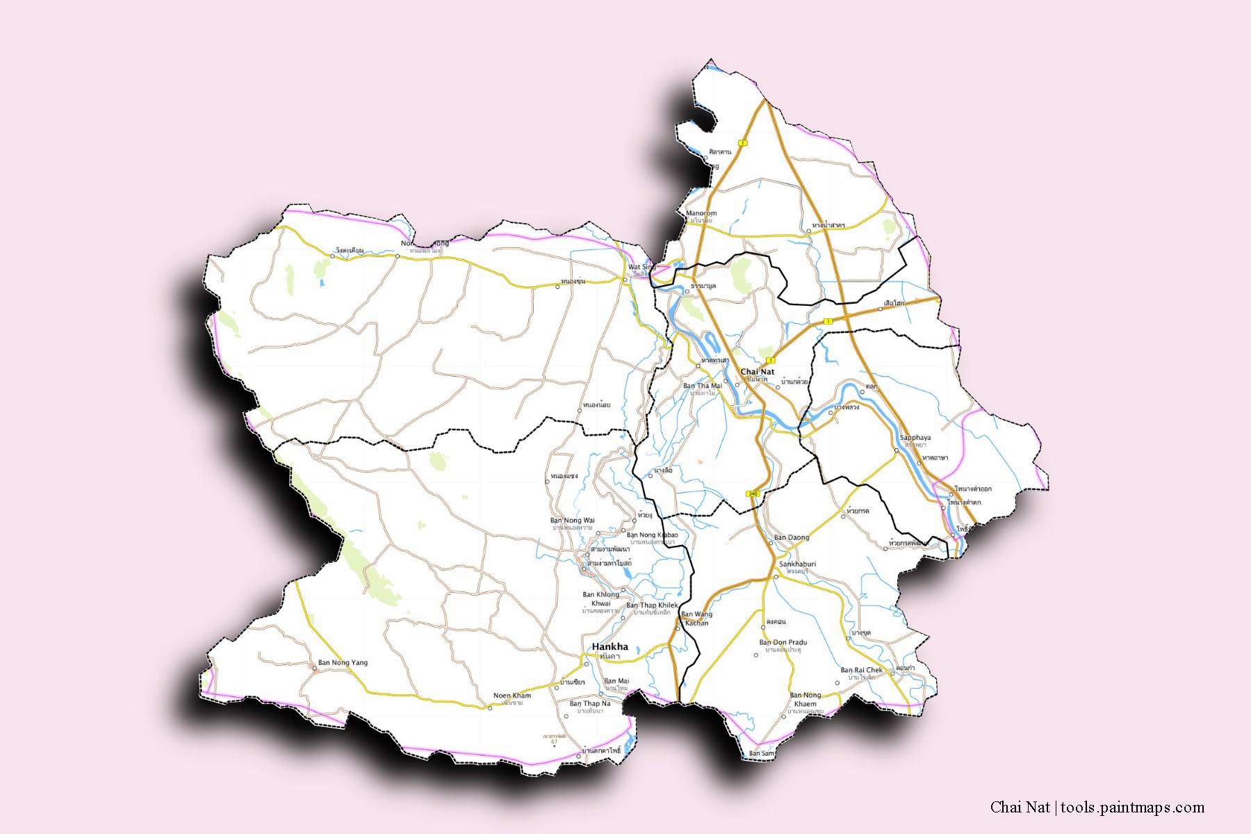 Chai Nat and counties map with 3D shadow effect