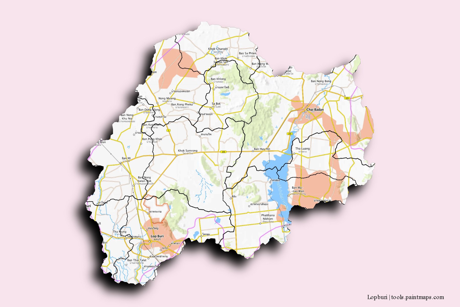 Mapa de Lopburi y sus distritos con efecto de sombra 3D