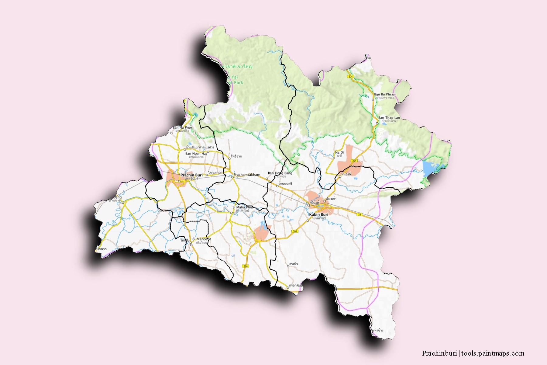 Prachinburi and counties map with 3D shadow effect