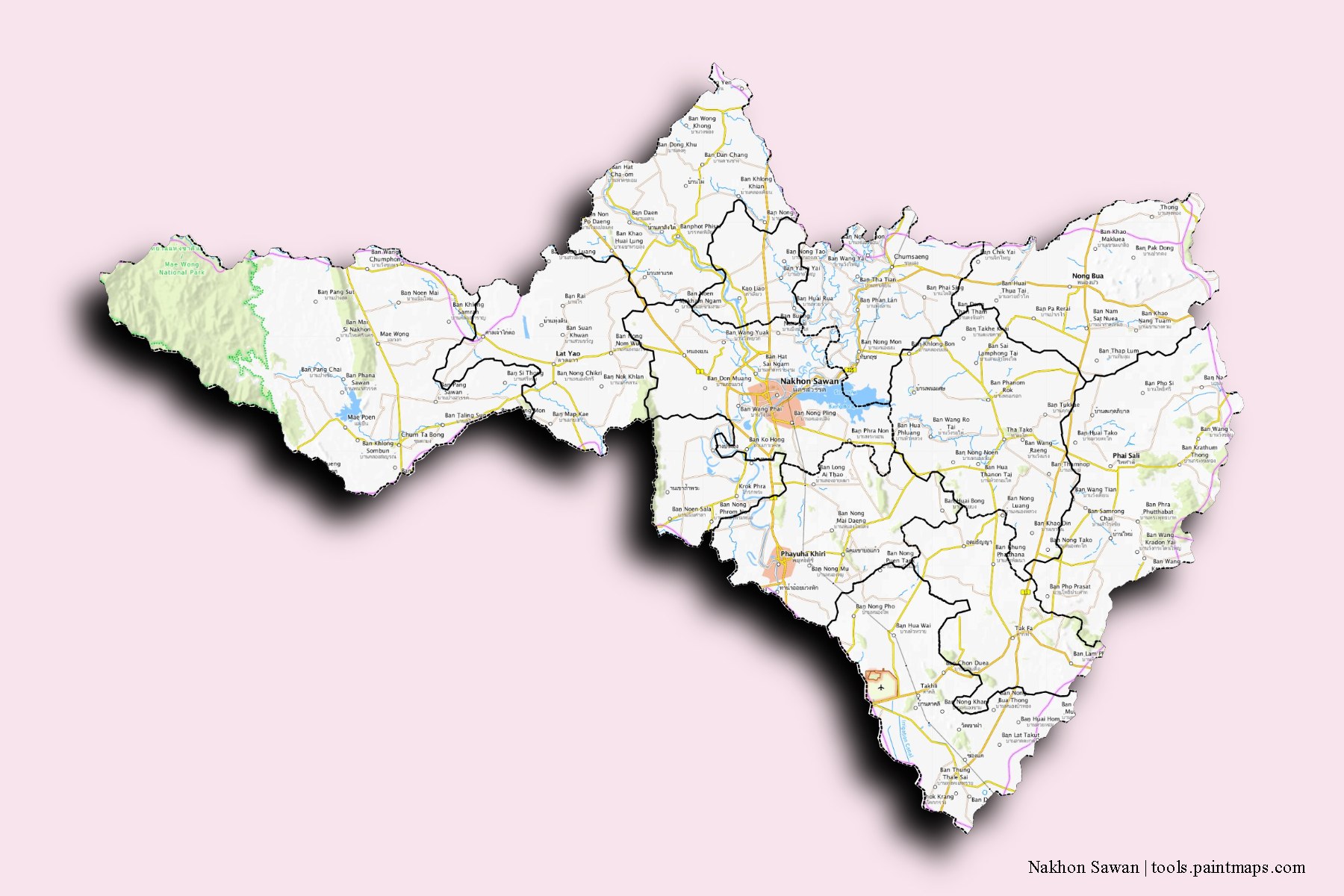 Nakhon Sawan and counties map with 3D shadow effect