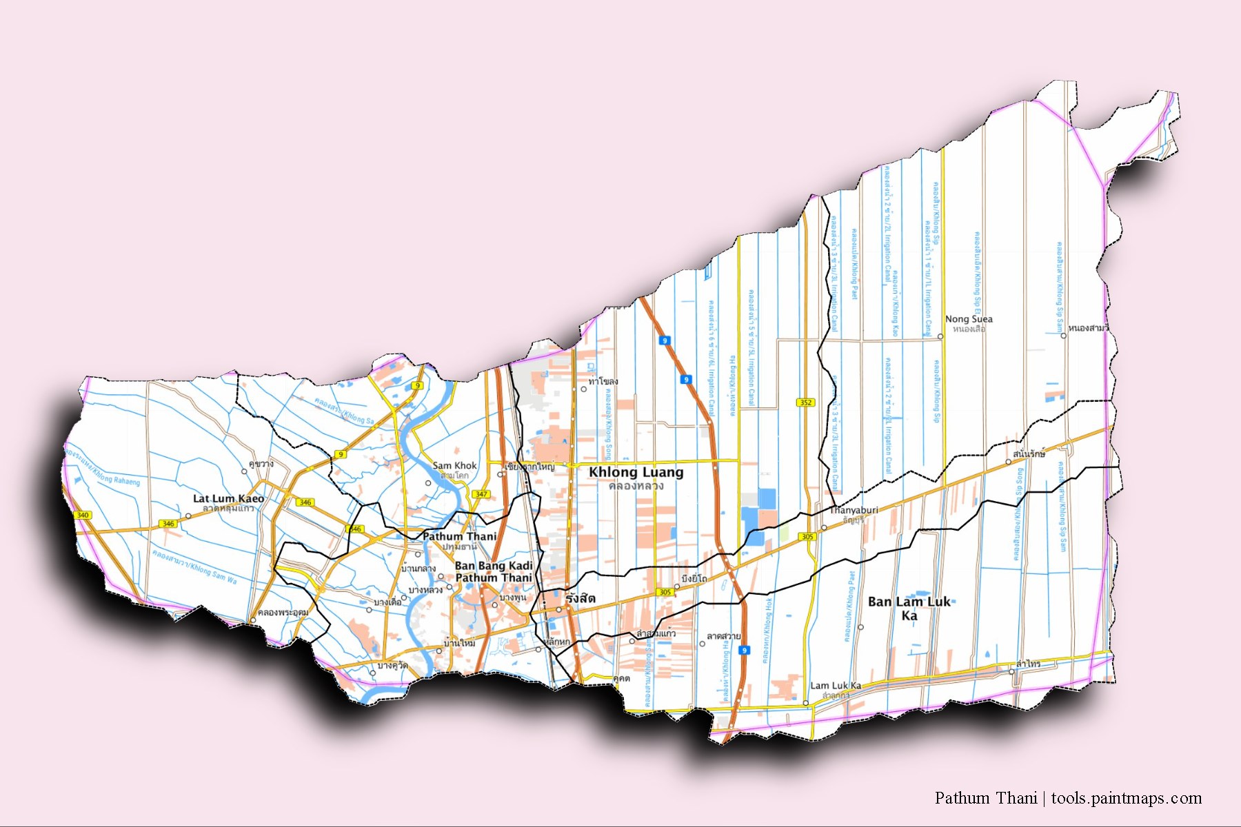 Pathum Thani and counties map with 3D shadow effect