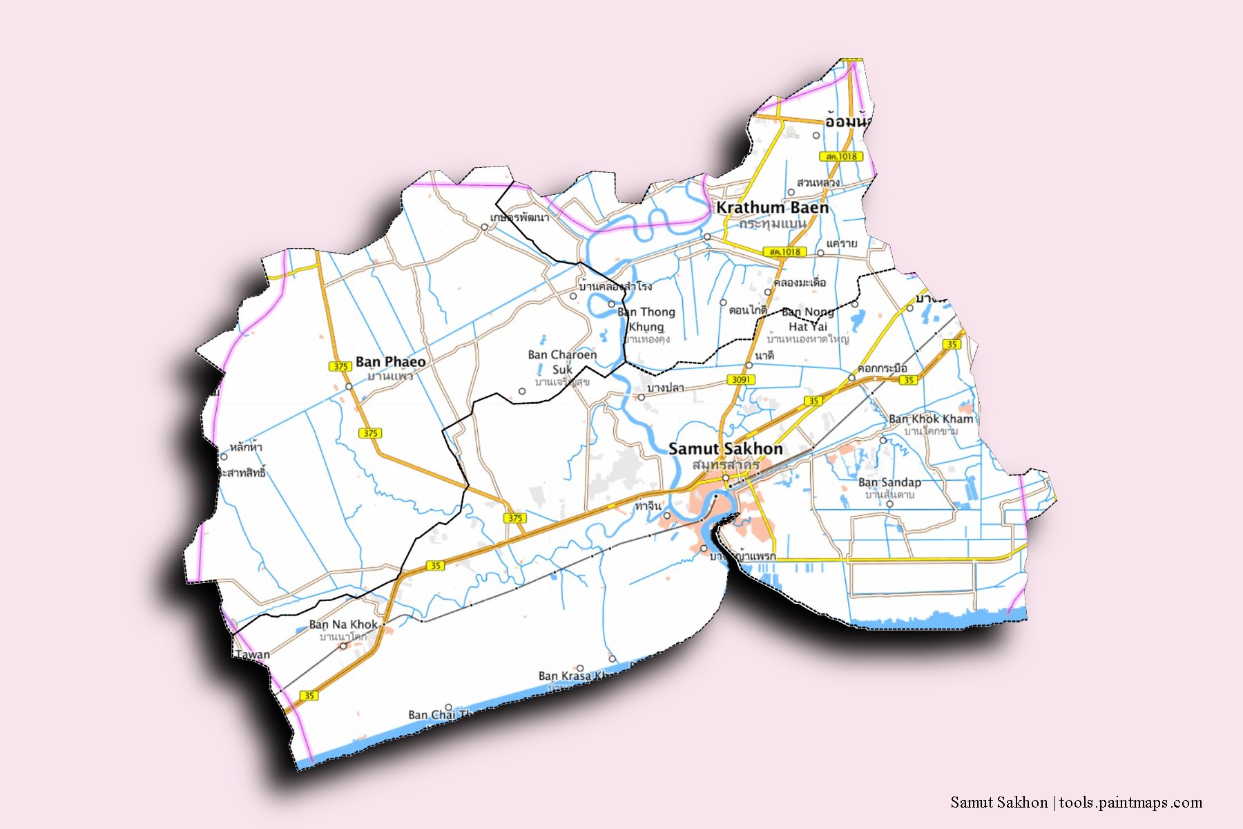 Mapa de Samut Sakhon y sus distritos con efecto de sombra 3D