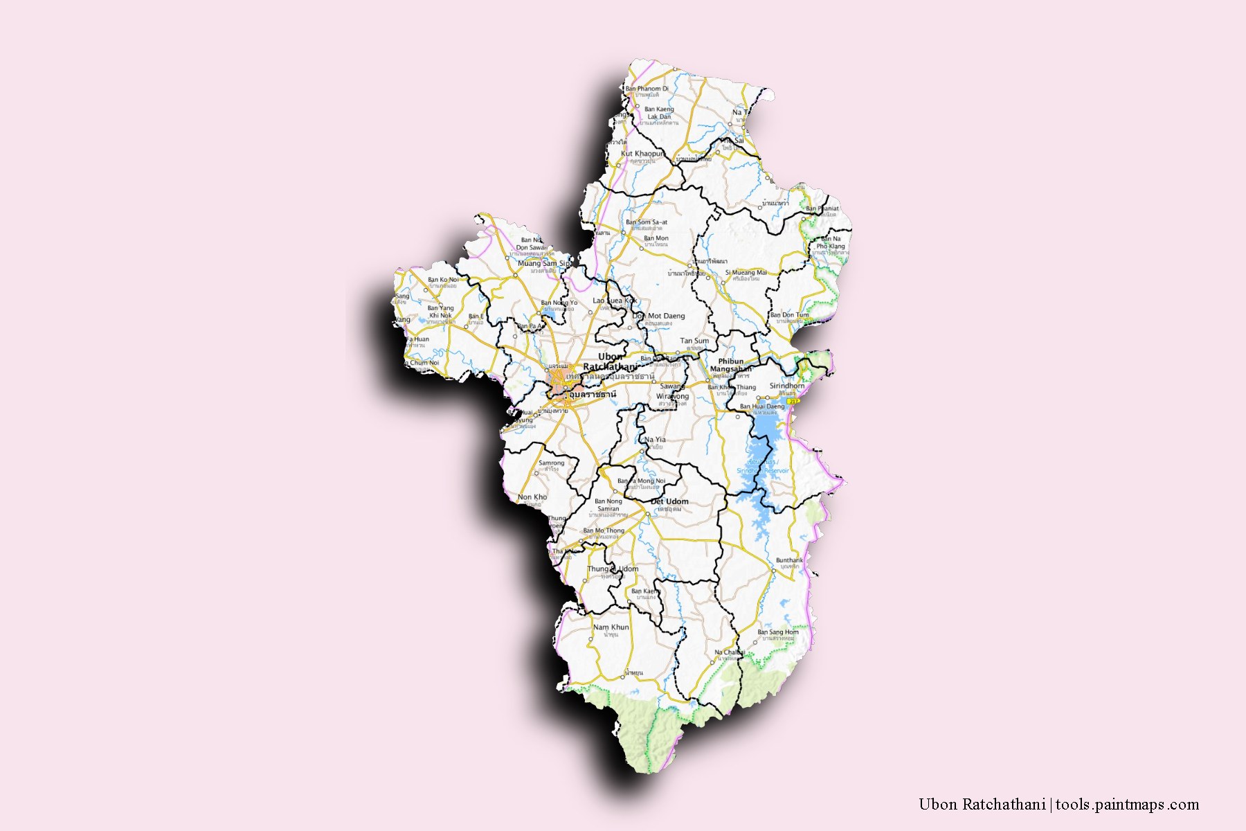 Ubon Ratchathani and counties map with 3D shadow effect