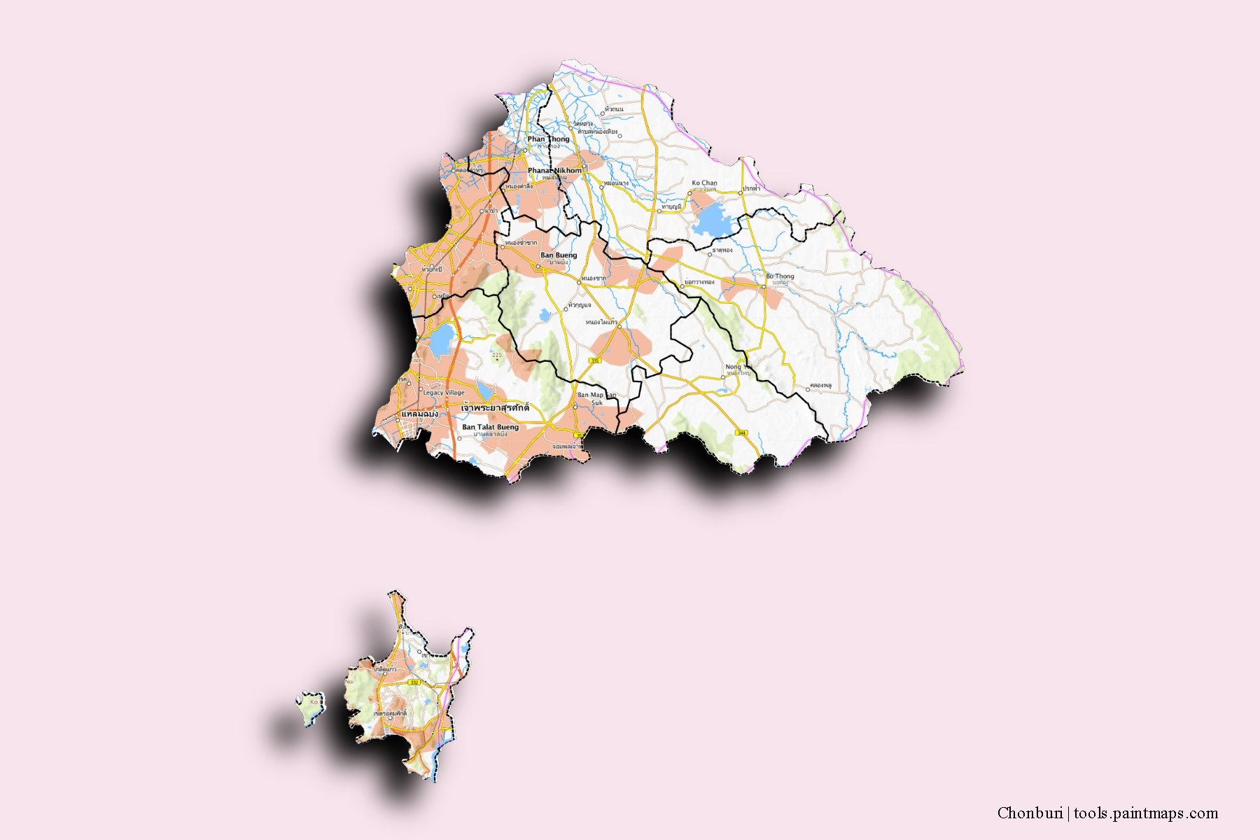 Chonburi and counties map with 3D shadow effect