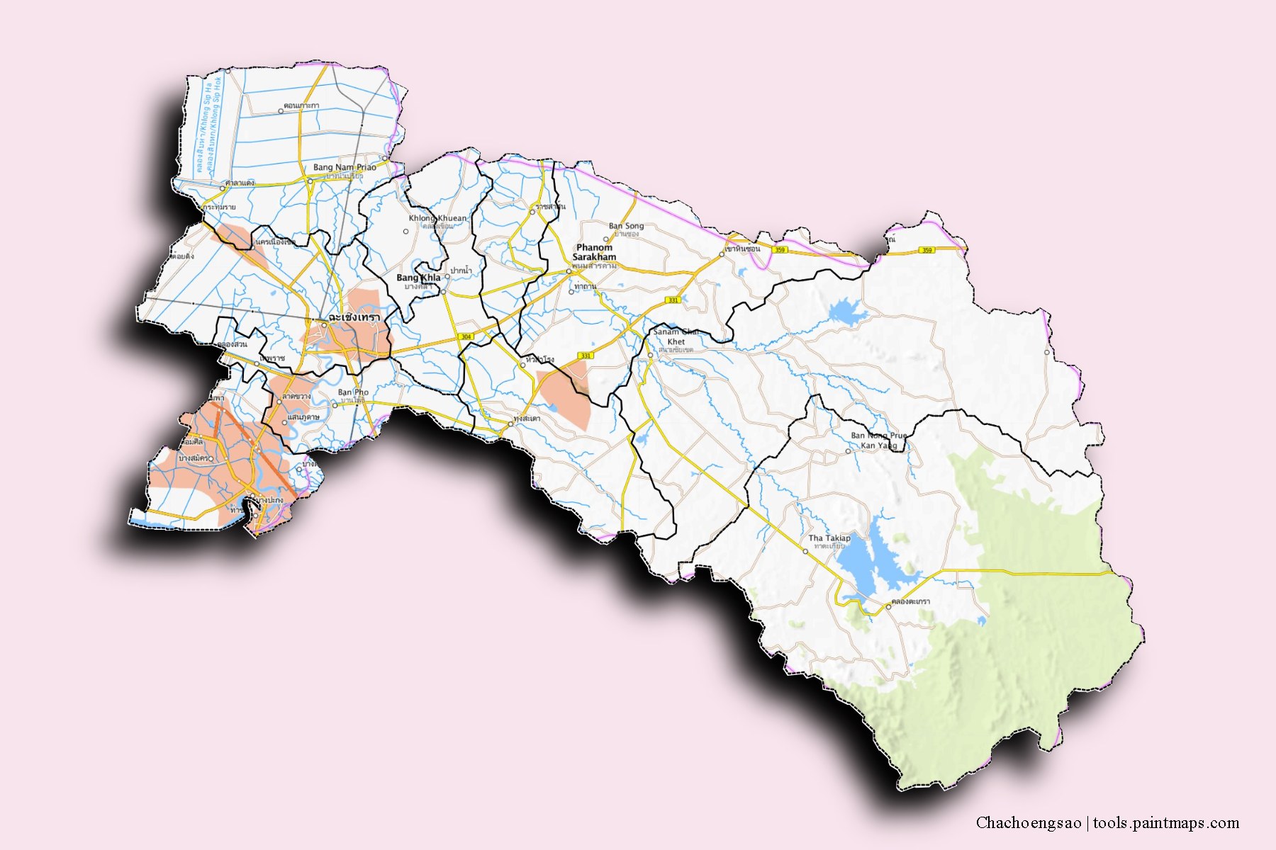 Chachoengsao and counties map with 3D shadow effect